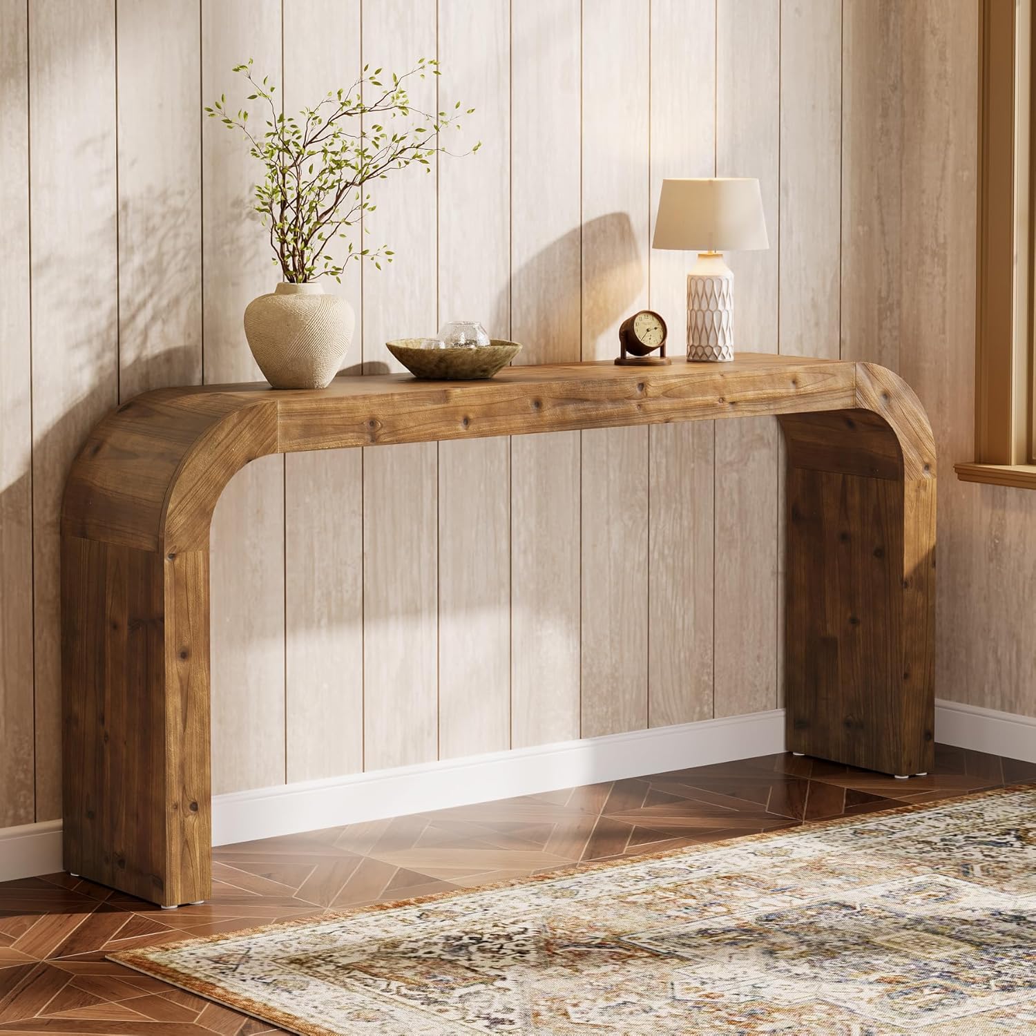 70.8" Console Table, Solid Wood Sofa Table with Curved Corners