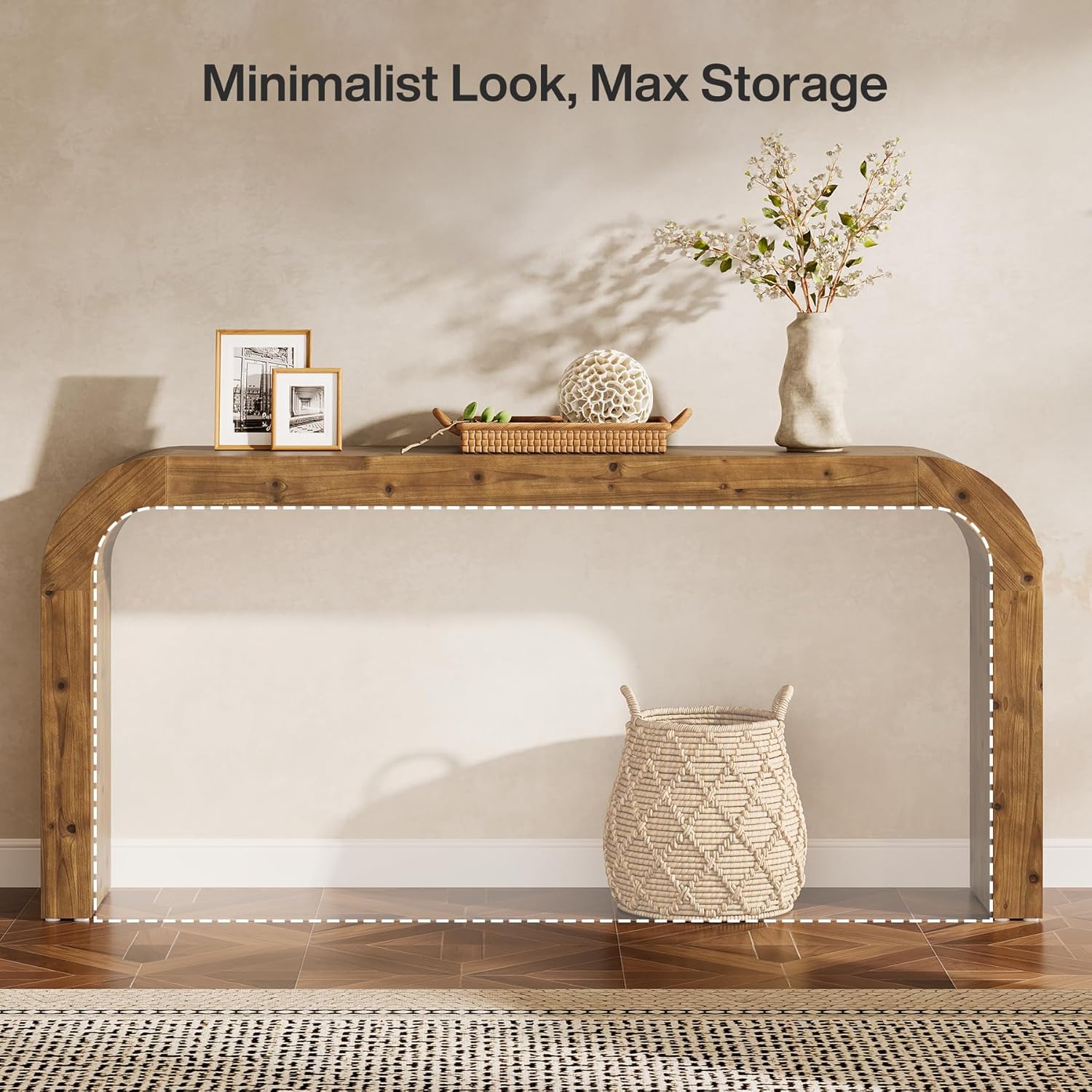 70.8" Console Table, Solid Wood Sofa Table with Curved Corners