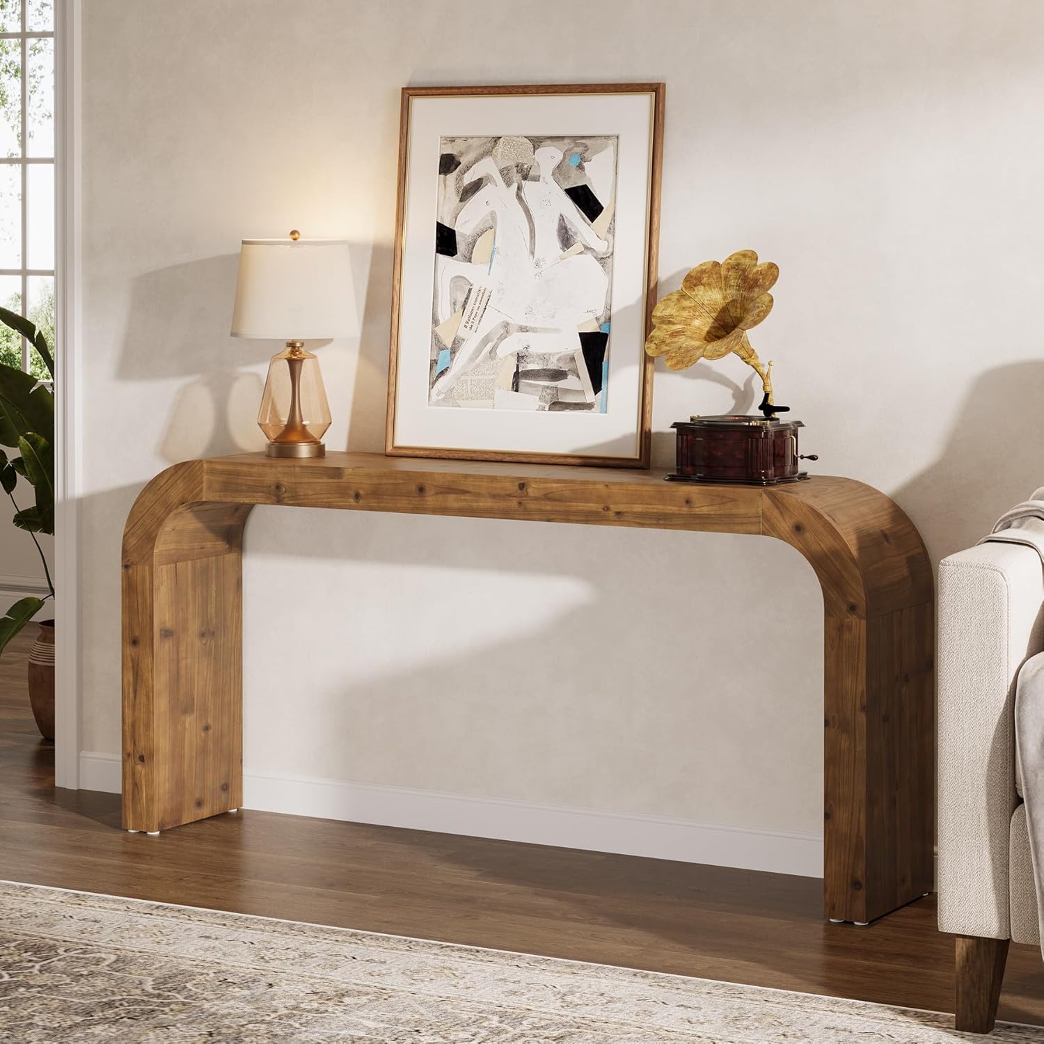70.8" Console Table, Solid Wood Sofa Table with Curved Corners