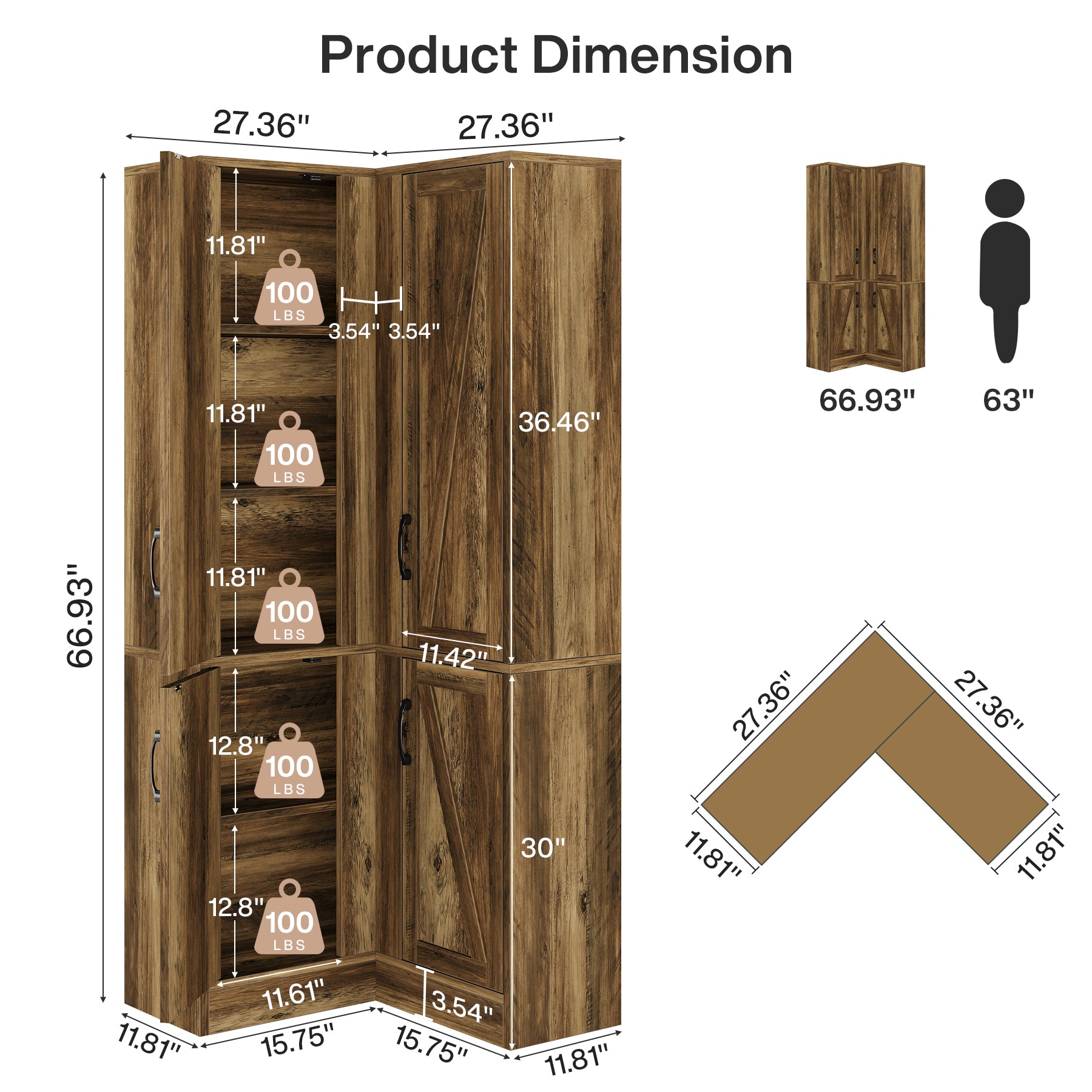 70.8" Corner Cabinet, Farmhouse Storage Cabinet with Doors
