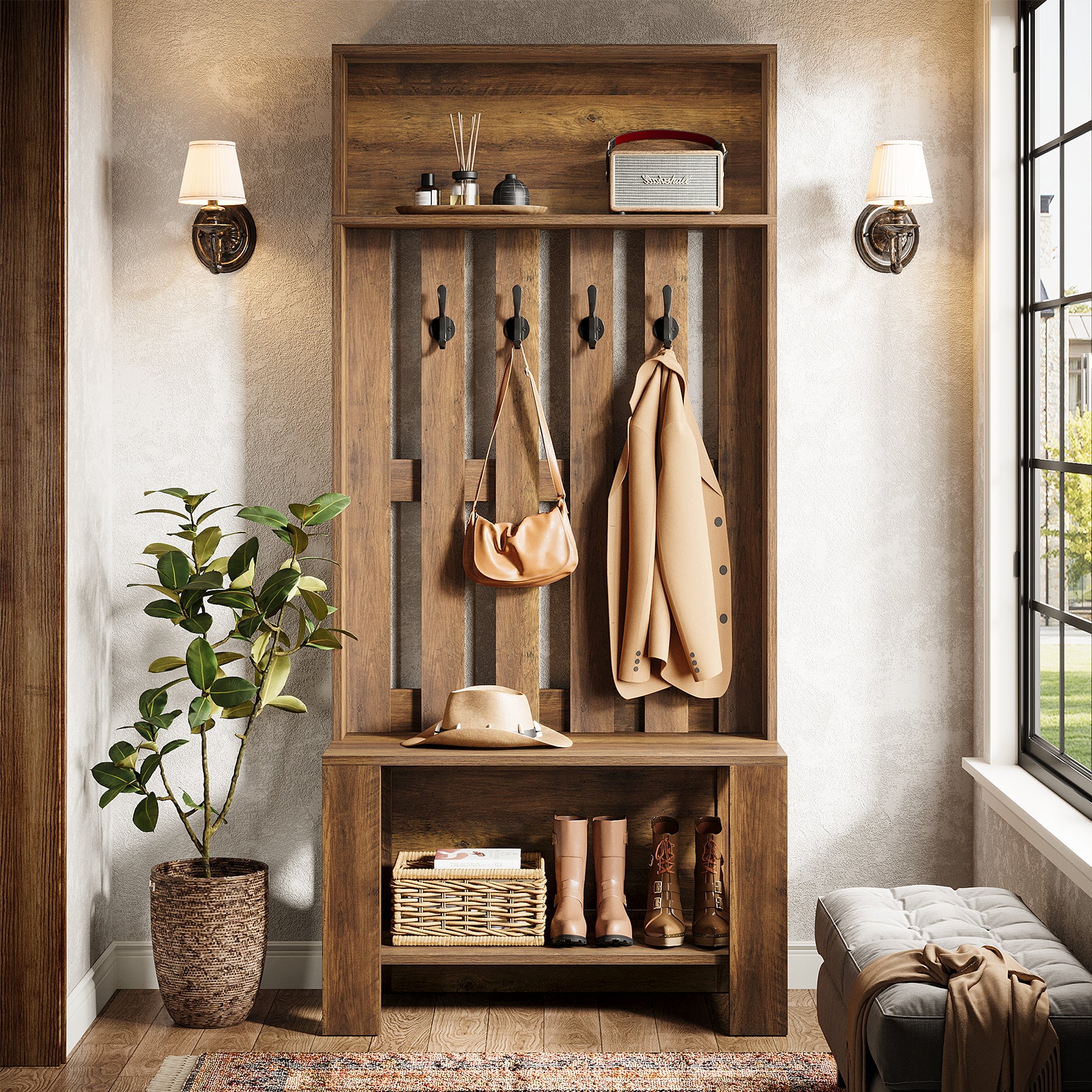 70.8" Freestanding Hall Tree, Coat Rack with Shoe Bench and Hooks