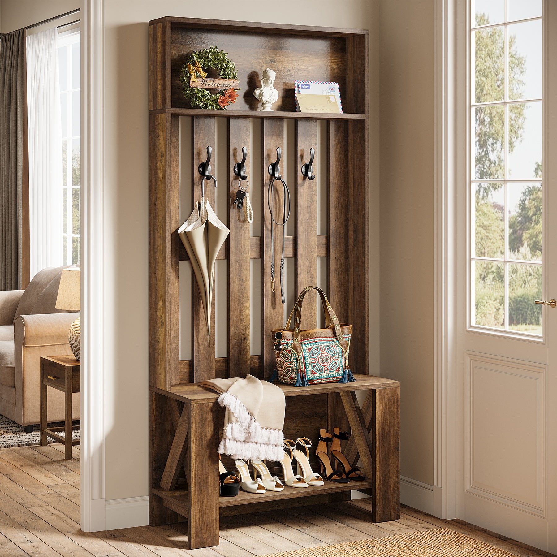 70.8" Freestanding Hall Tree, Coat Rack with Shoe Bench and Hooks