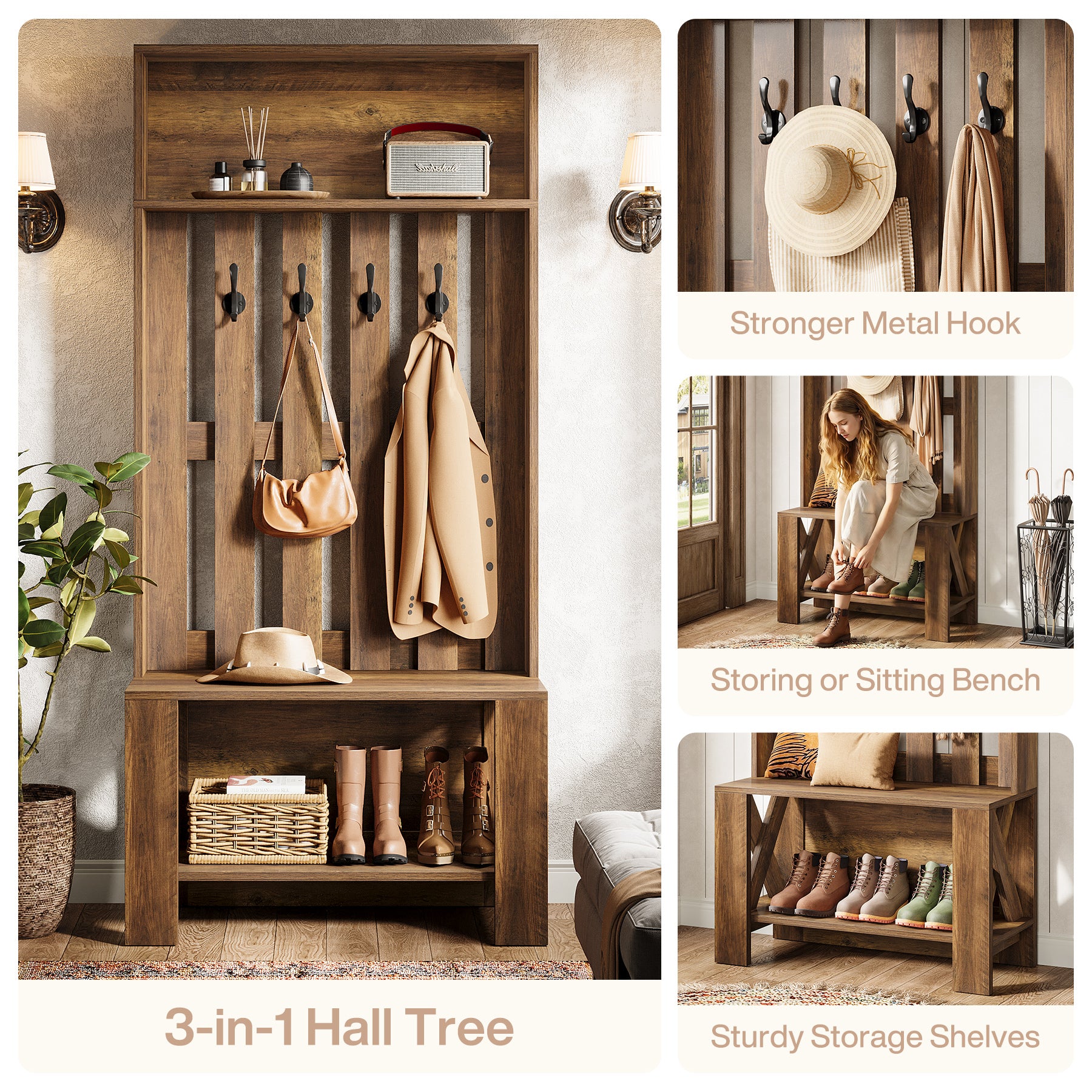 70.8" Freestanding Hall Tree, Coat Rack with Shoe Bench and Hooks