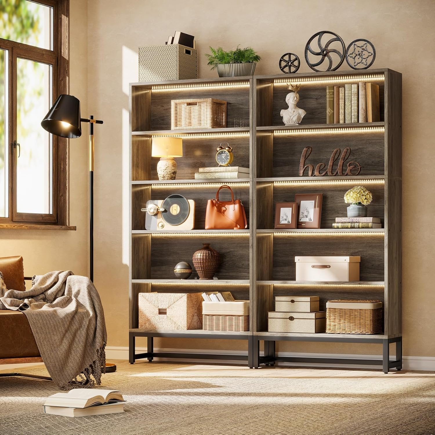 70.8" Tall Bookcase, 5-Tier Free-Standing Bookshelf Organizer with LED Lights