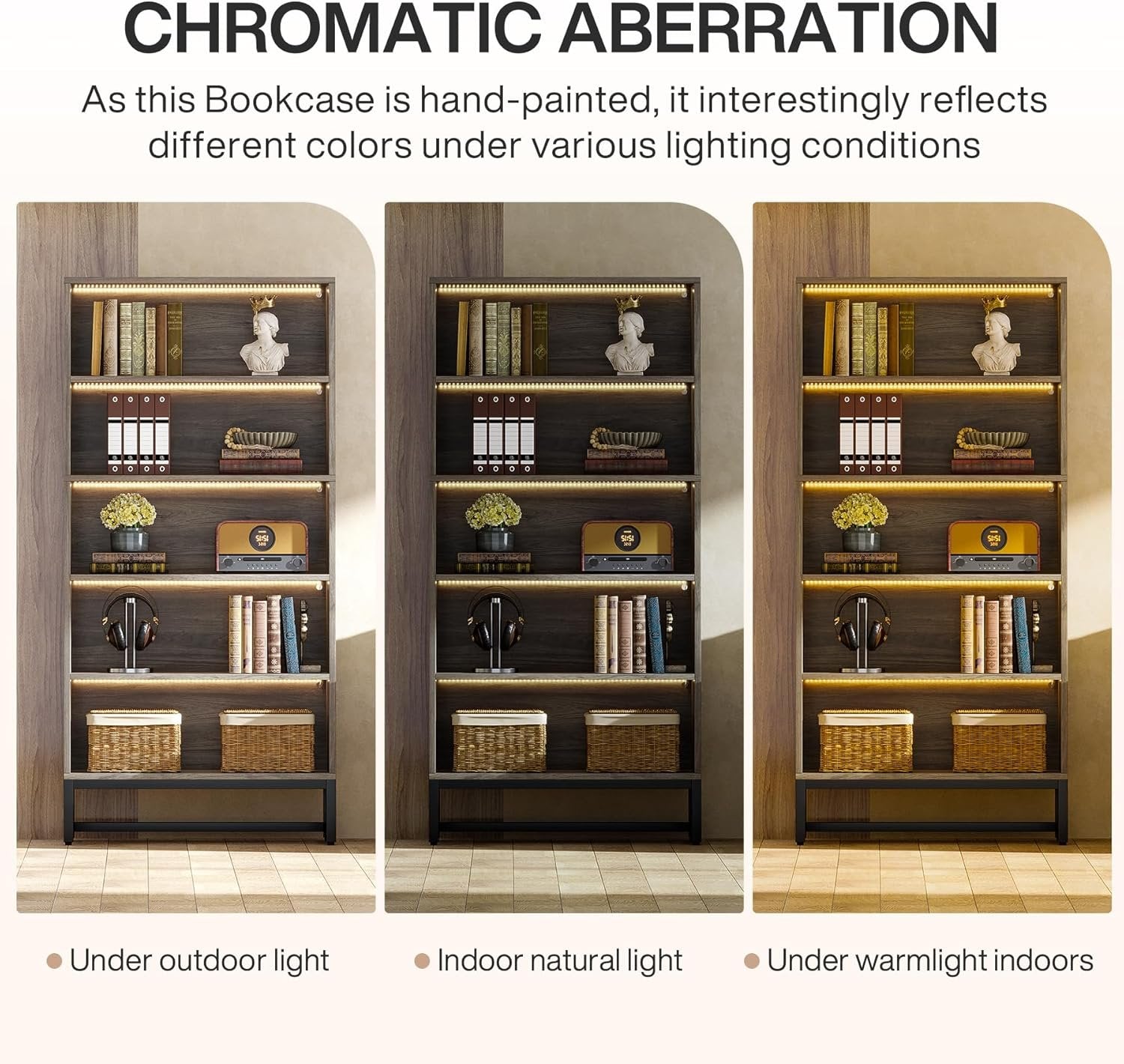 70.8" Tall Bookcase, 5-Tier Free-Standing Bookshelf Organizer with LED Lights