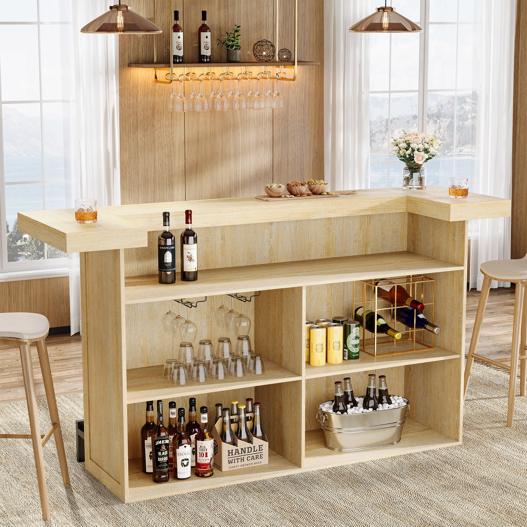 70.9" Bar Table, Modern Liquor Cabinet with 4-Tier Storage Shelves