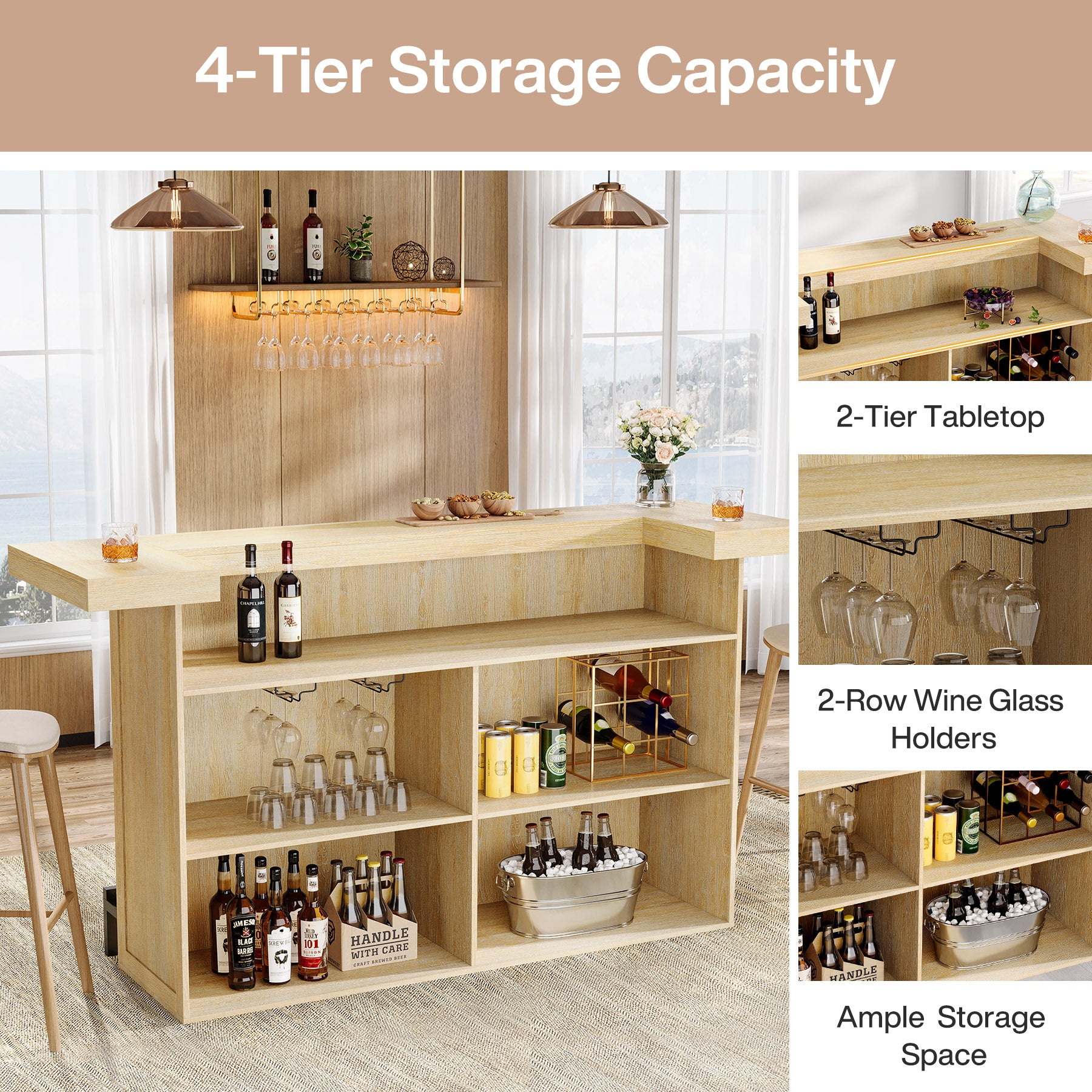 70.9" Bar Table, Modern Liquor Cabinet with 4-Tier Storage Shelves