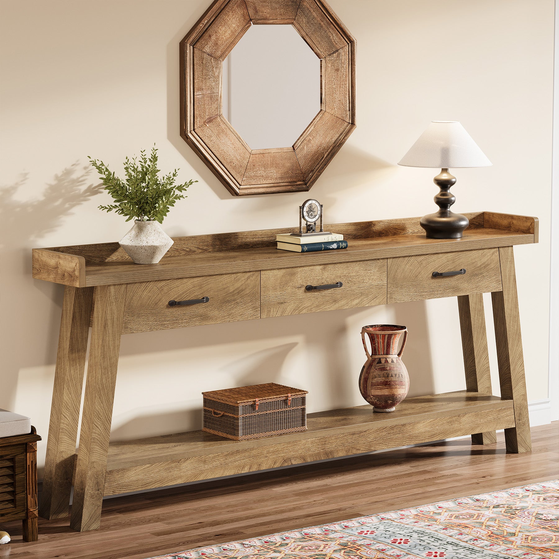 70.9" Console Table, 2-Tier Long Sofa Entryway Table with 3 Drawers and Raised Baffle