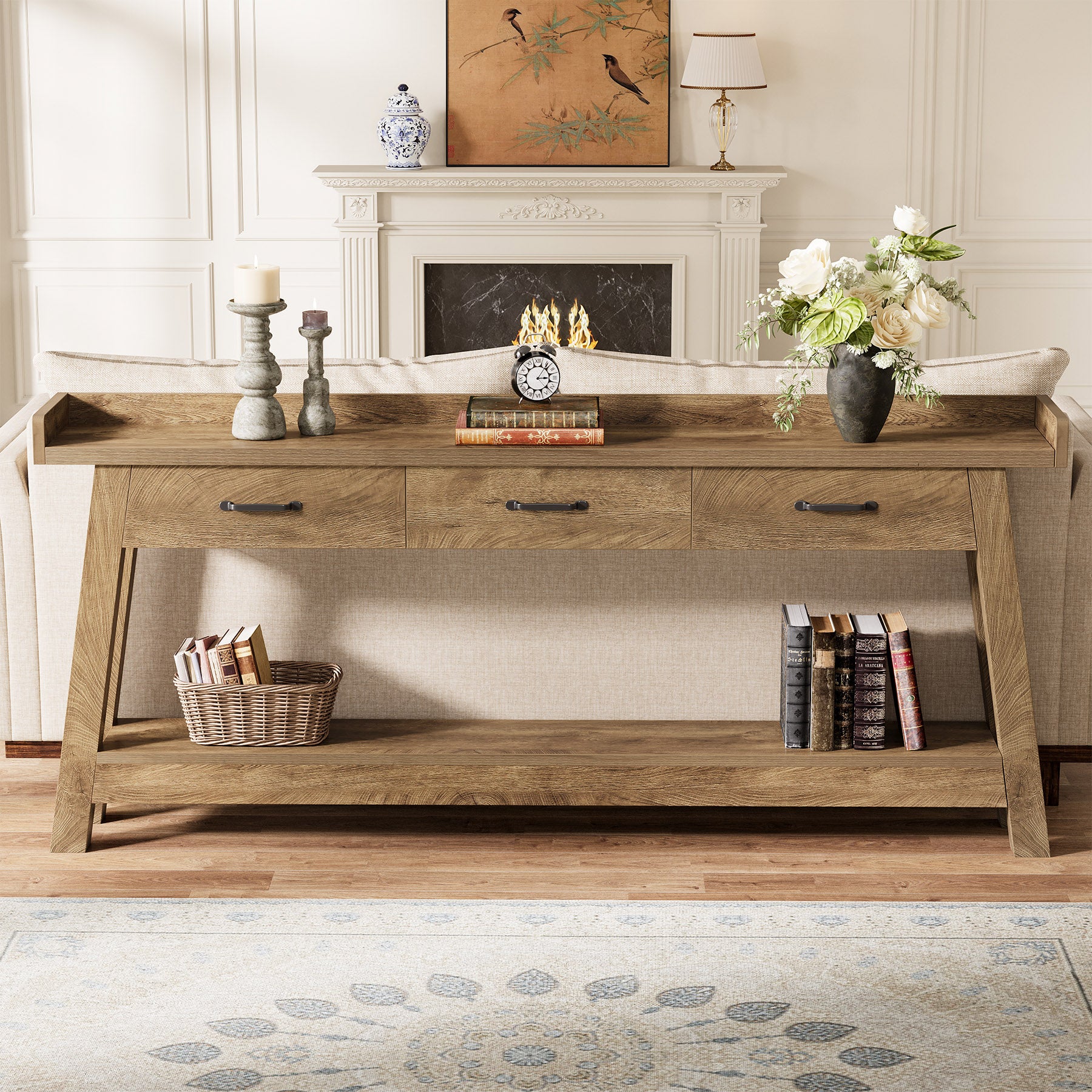 70.9" Console Table, 2-Tier Long Sofa Entryway Table with 3 Drawers and Raised Baffle