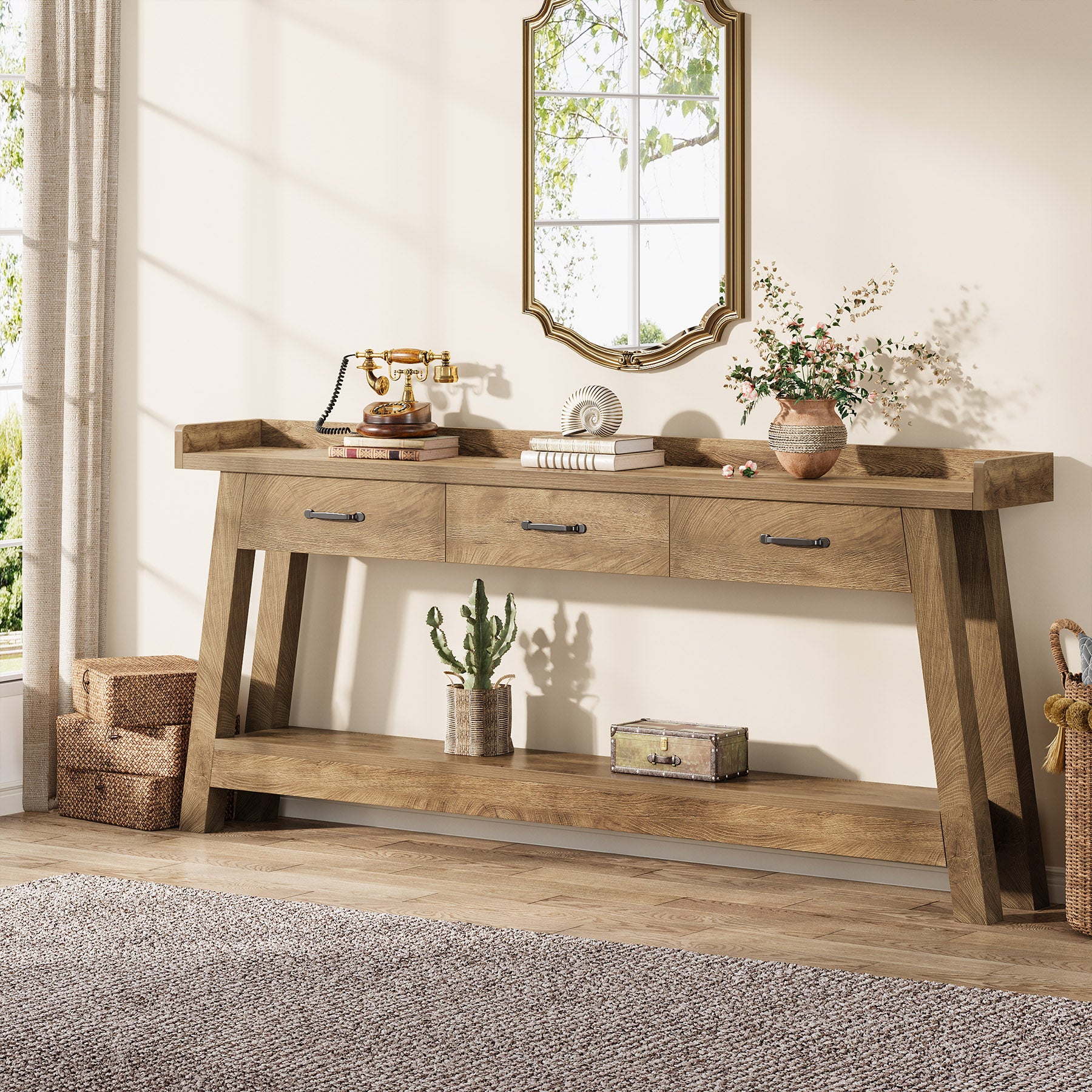 70.9" Console Table, 2-Tier Long Sofa Entryway Table with 3 Drawers and Raised Baffle