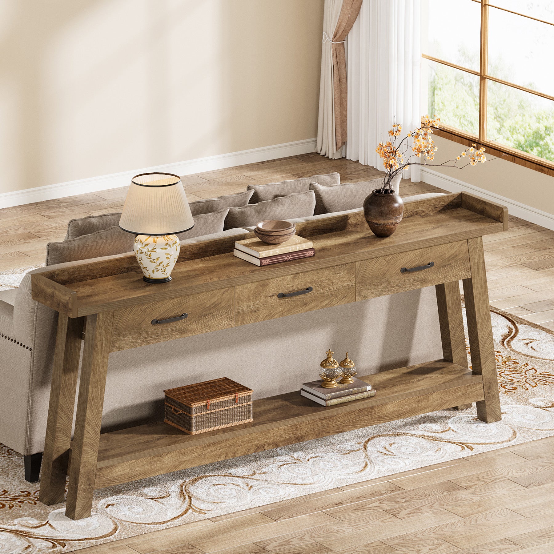 70.9" Console Table, 2-Tier Long Sofa Entryway Table with 3 Drawers and Raised Baffle