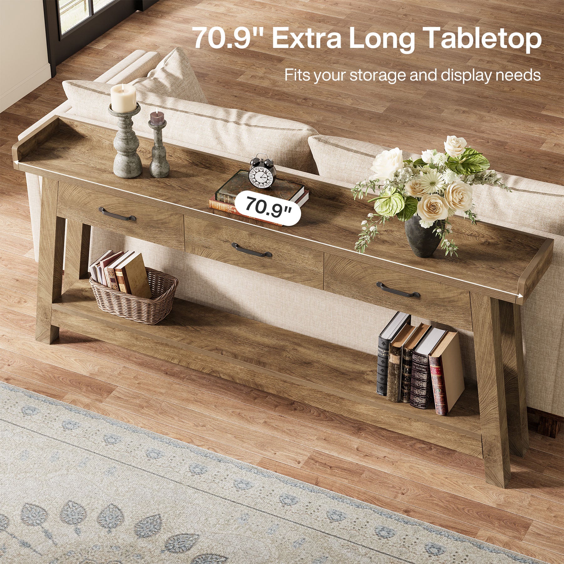 70.9" Console Table, 2-Tier Long Sofa Entryway Table with 3 Drawers and Raised Baffle
