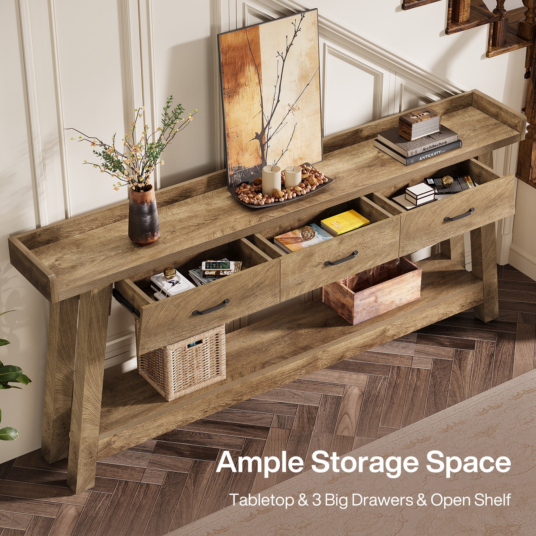 70.9" Console Table, 2-Tier Long Sofa Entryway Table with 3 Drawers and Raised Baffle