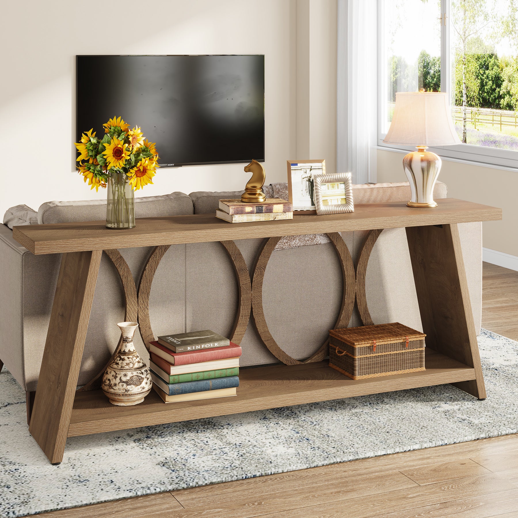 70.9" Console Table, Farmhouse Sofa Table Hallway Accent Table with 2 Tier Shelf