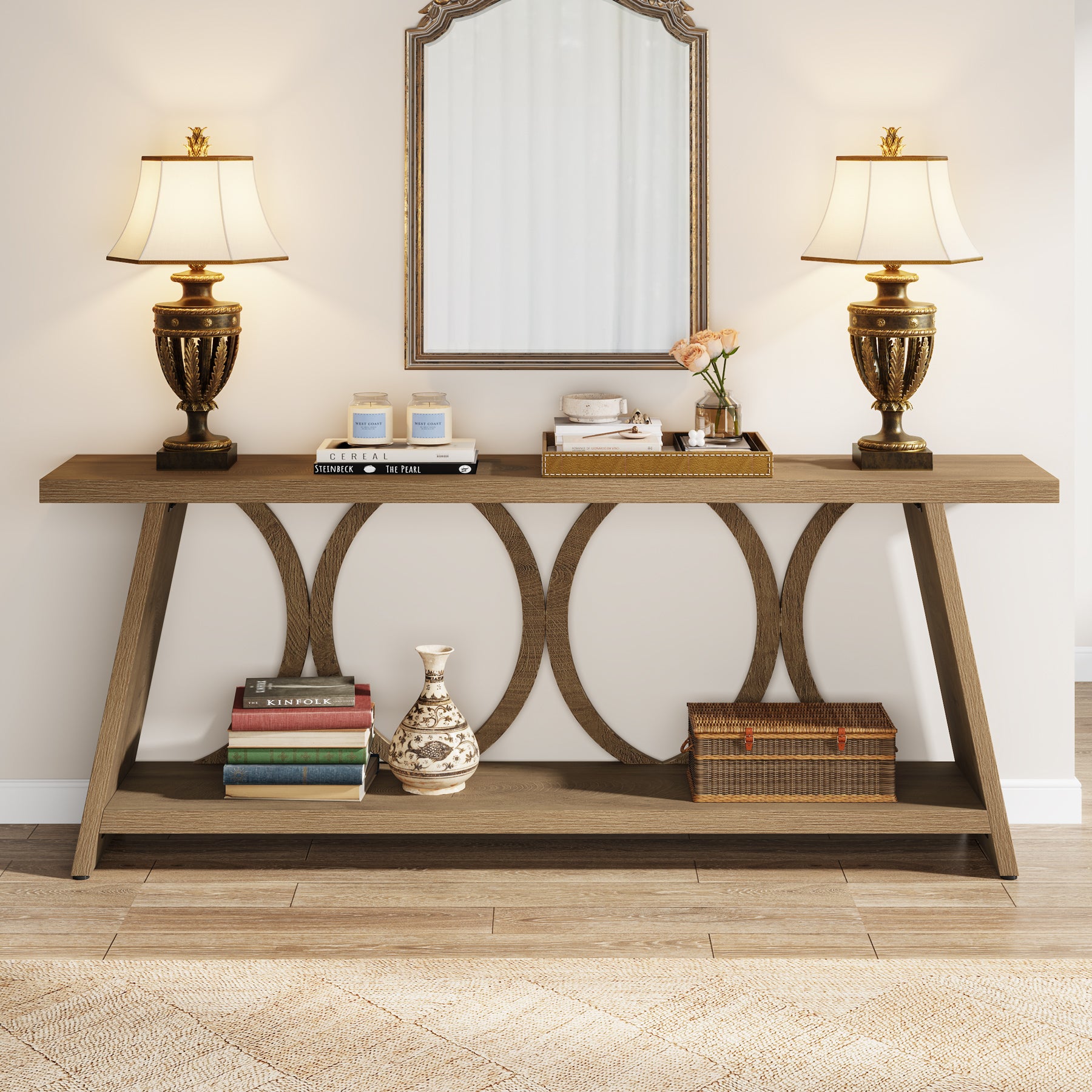 70.9" Console Table, Farmhouse Sofa Table Hallway Accent Table with 2 Tier Shelf