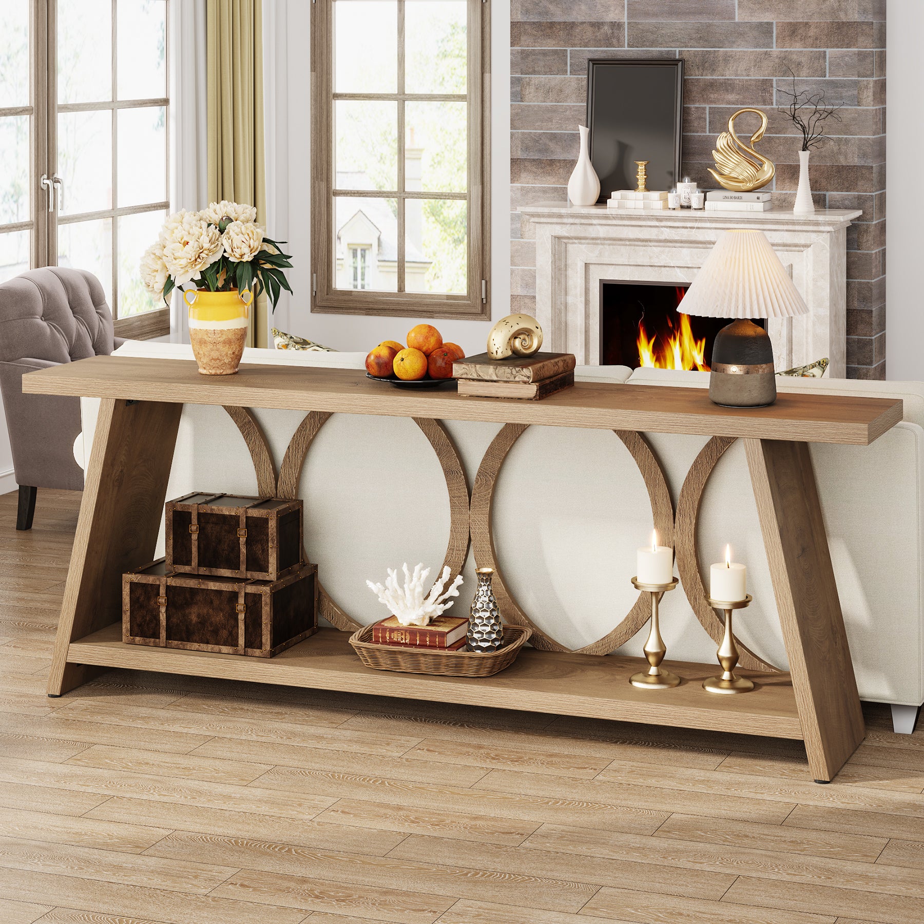 70.9" Console Table, Farmhouse Sofa Table Hallway Accent Table with 2 Tier Shelf