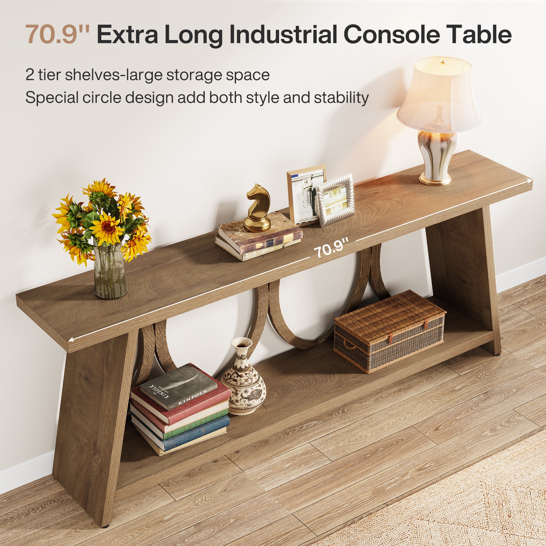 70.9" Console Table, Farmhouse Sofa Table Hallway Accent Table with 2 Tier Shelf
