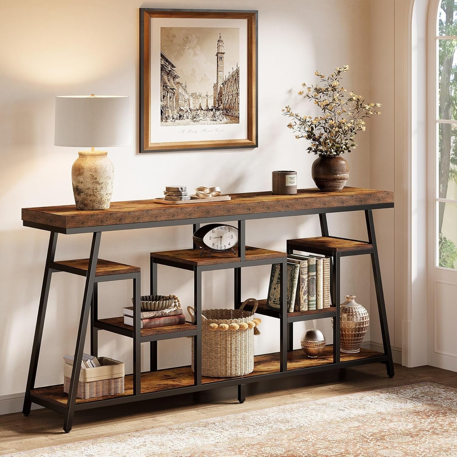 70.9“ Console Table, Sofa Table Behind The Couch Entryway Table with Storage Shelves