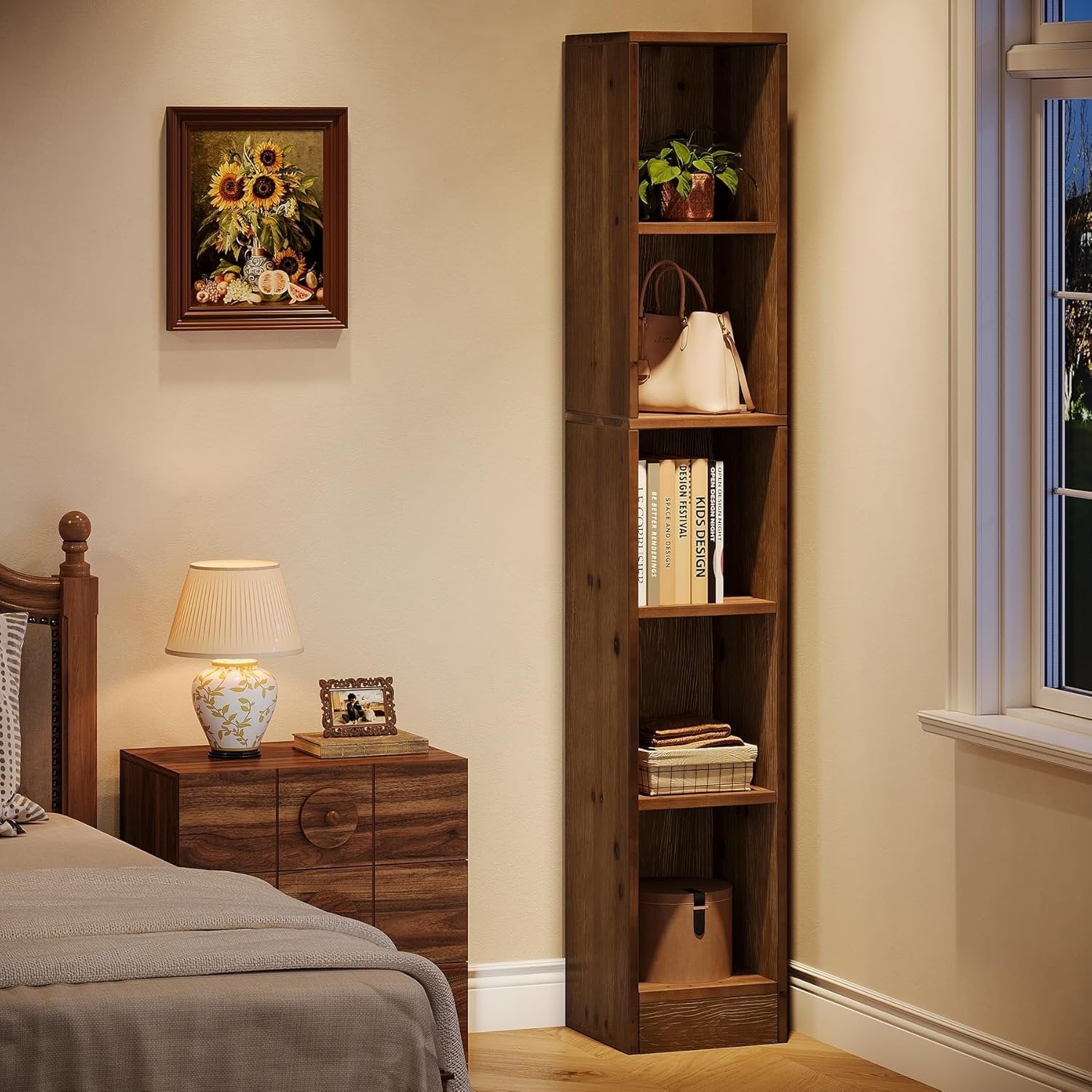 70.9" Tall Bookshelf, 5-Tier Wood Corner Bookcase Display Shelves for Home Office