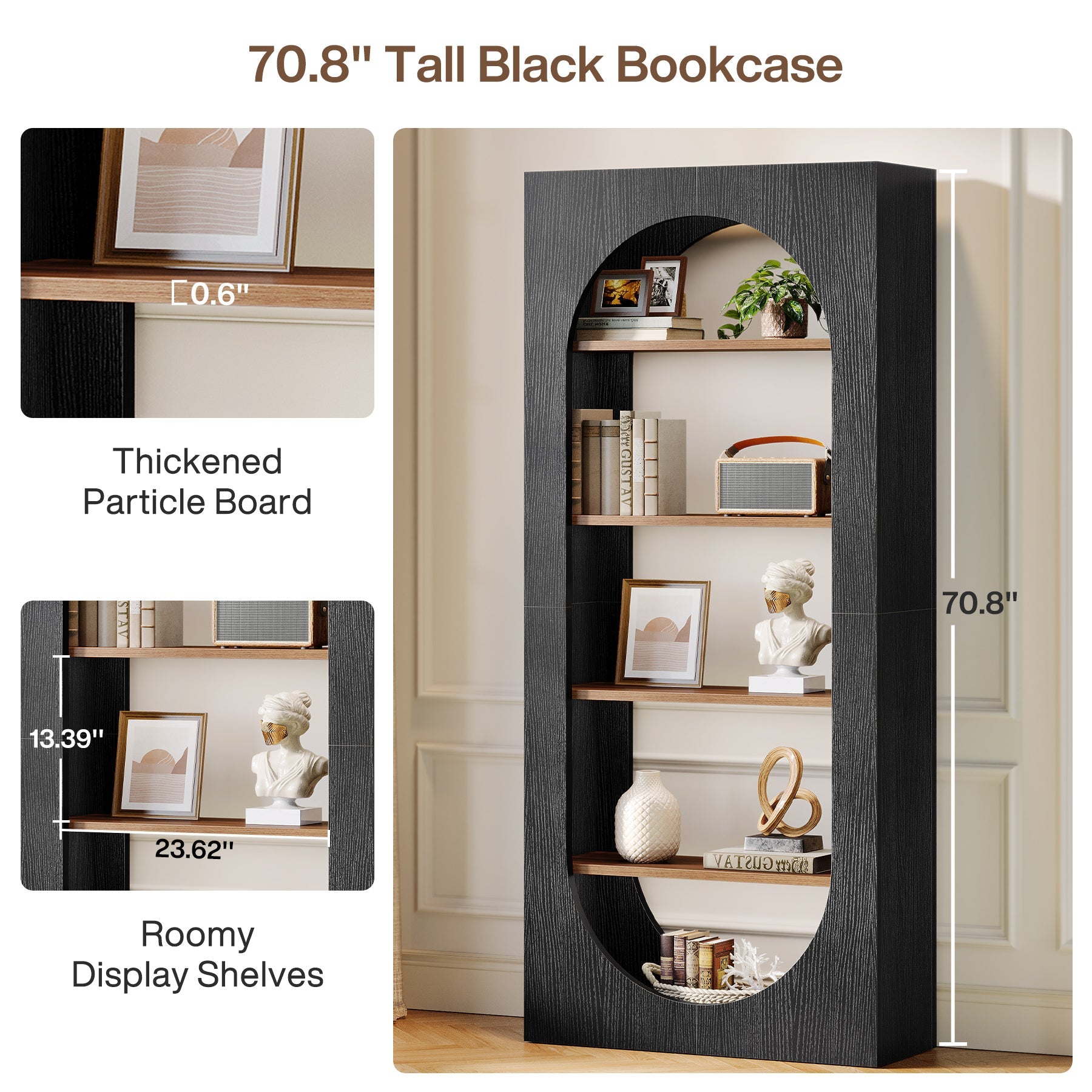 70.8" Bookcase, 5 - Tier Arched Bookshelf Etagere Storage Organizer Tribesigns