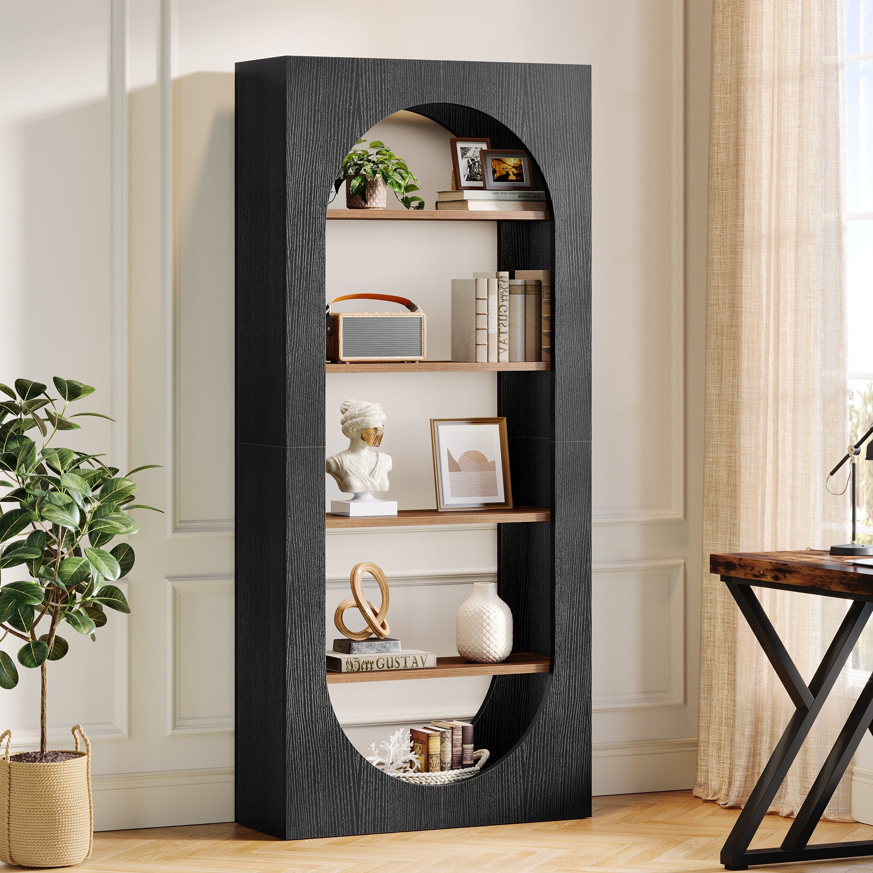 70.8" Bookcase, 5 - Tier Arched Bookshelf Etagere Storage Organizer Tribesigns