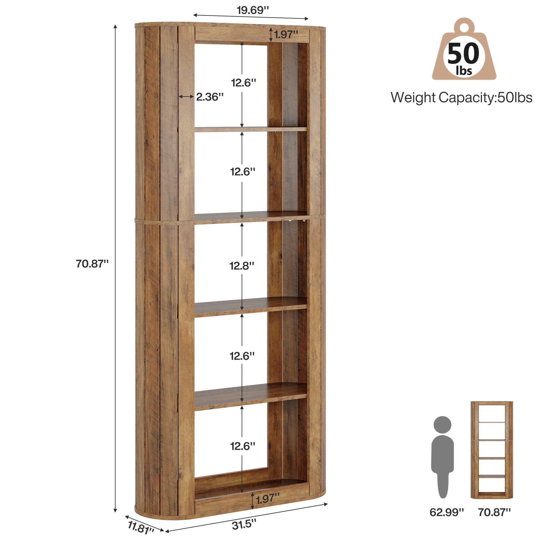 70.8" Bookcase, 5 - Tier Bookshelf Etagere with Open Display Shelf Tribesigns