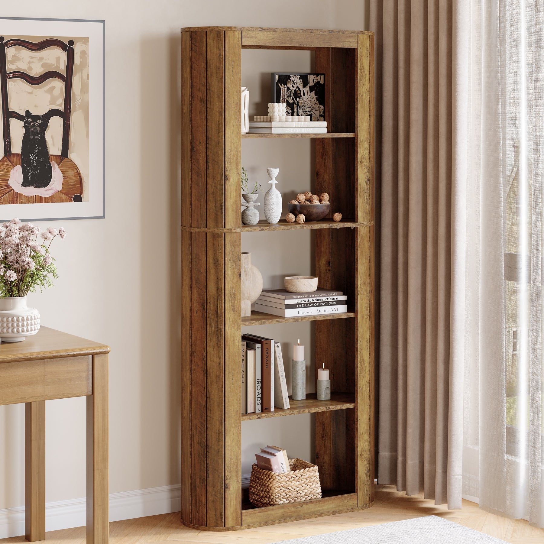 70.8" Bookcase, 5 - Tier Bookshelf Etagere with Open Display Shelf Tribesigns