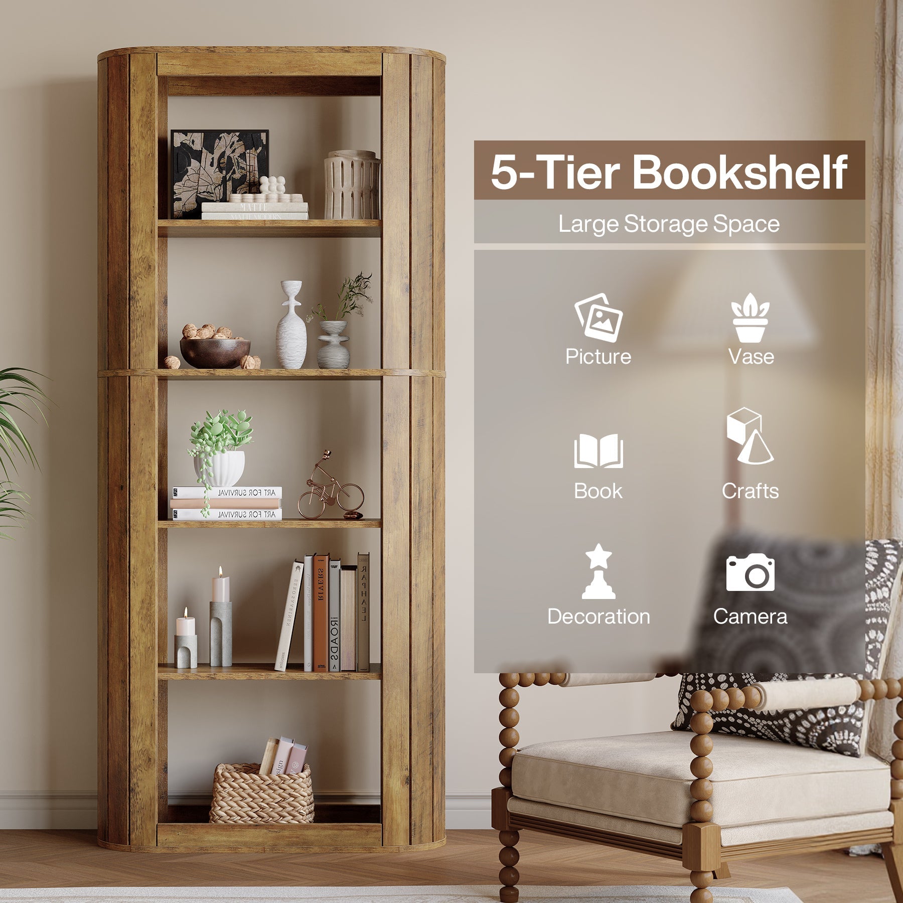 70.8" Bookcase, 5 - Tier Bookshelf Etagere with Open Display Shelf Tribesigns