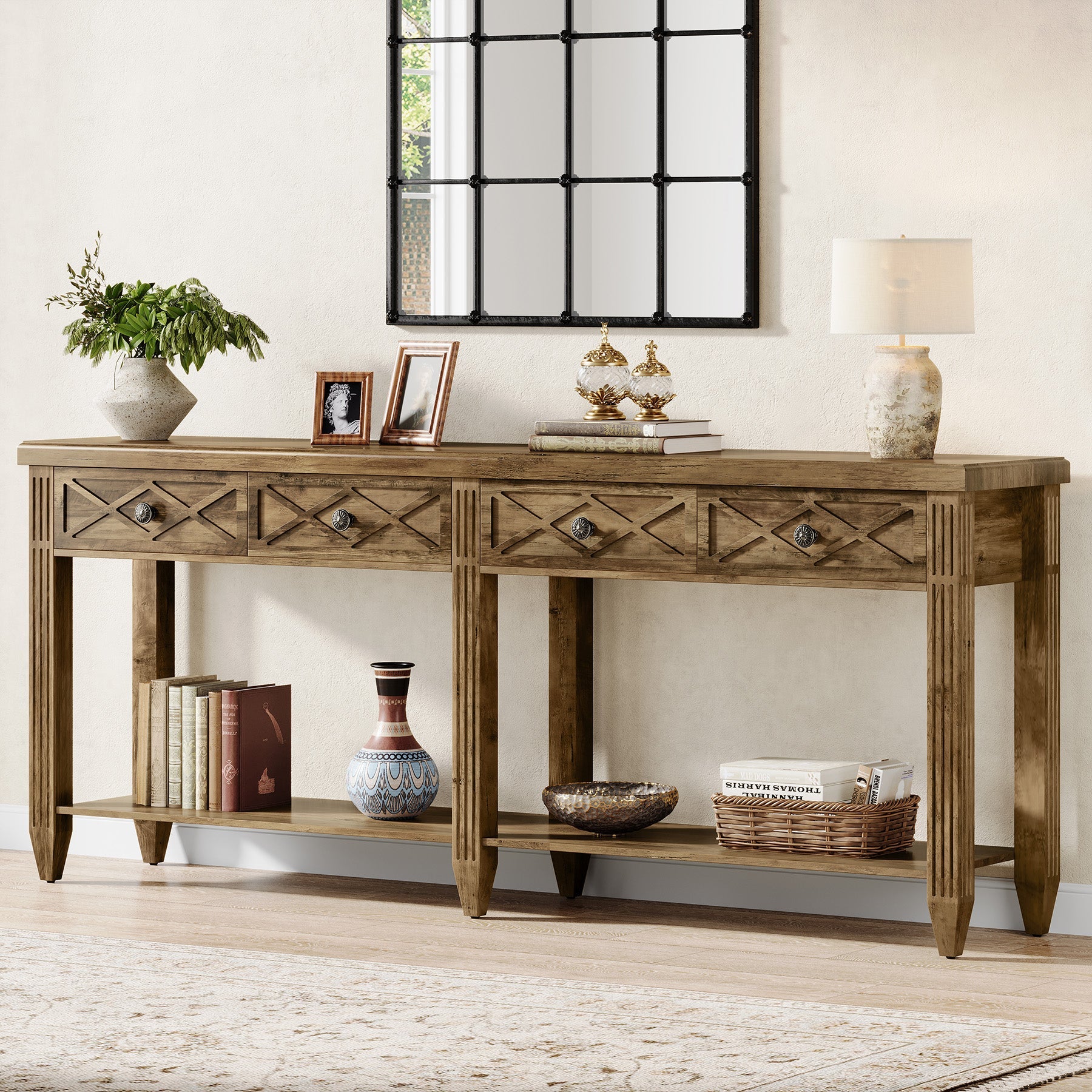 70.8" Console Table, 4 - Drawer Farmhouse Sofa Tables with Bottom Storage Tribesigns