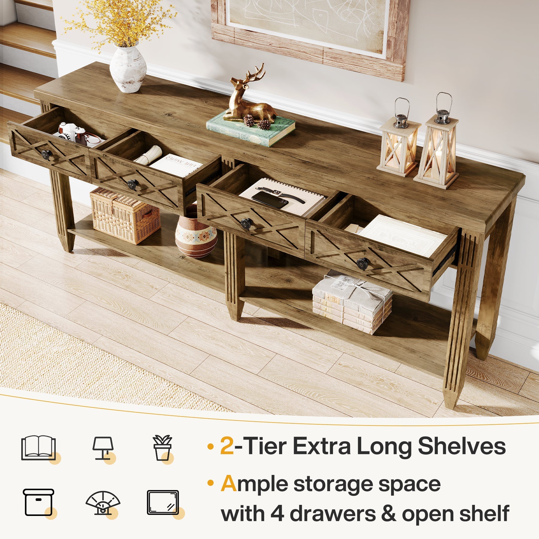 70.8" Console Table, 4 - Drawer Farmhouse Sofa Tables with Bottom Storage Tribesigns