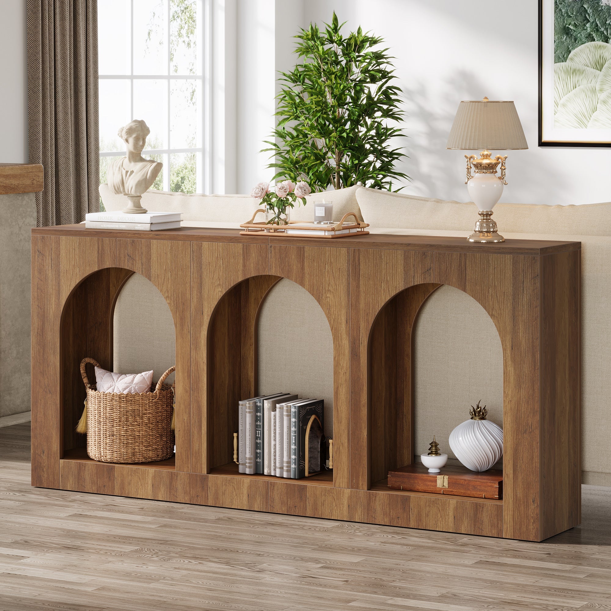 70.8" Console Table, Wood Entryway Entry Table with 3 Arched Shelves Tribesigns