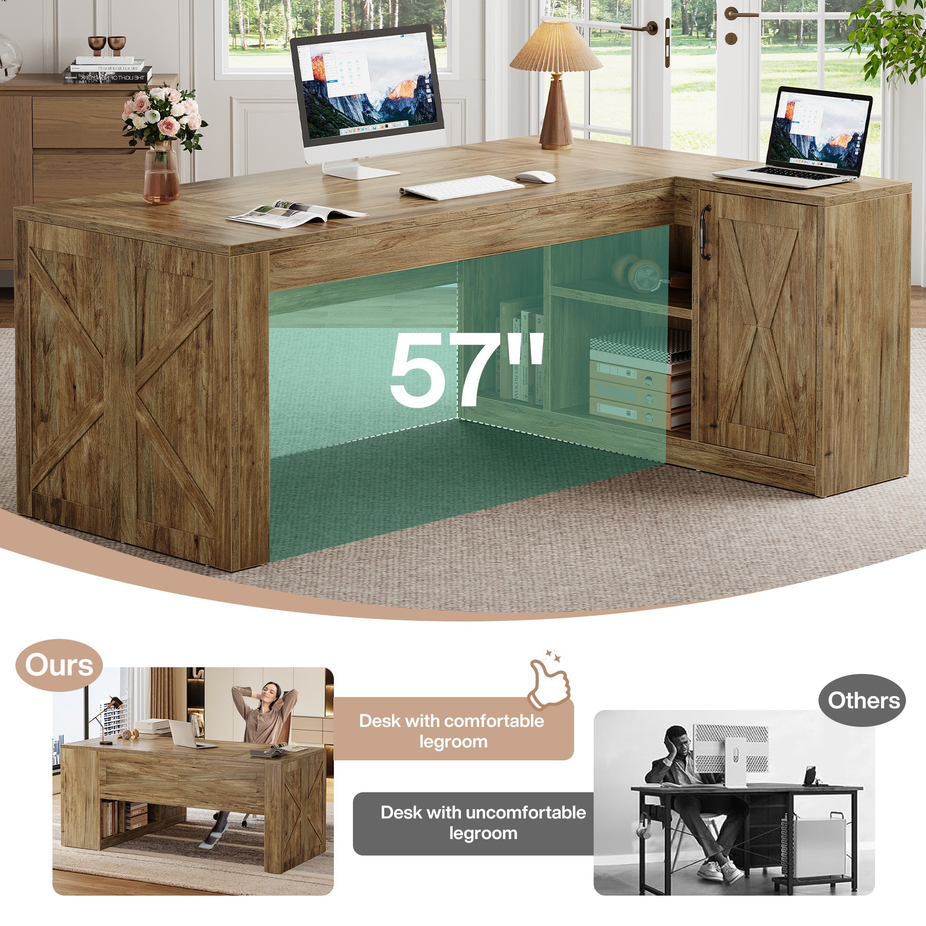 70.8" Executive Desk, L - Shaped Computer Table with Storage Cabinet Tribesigns