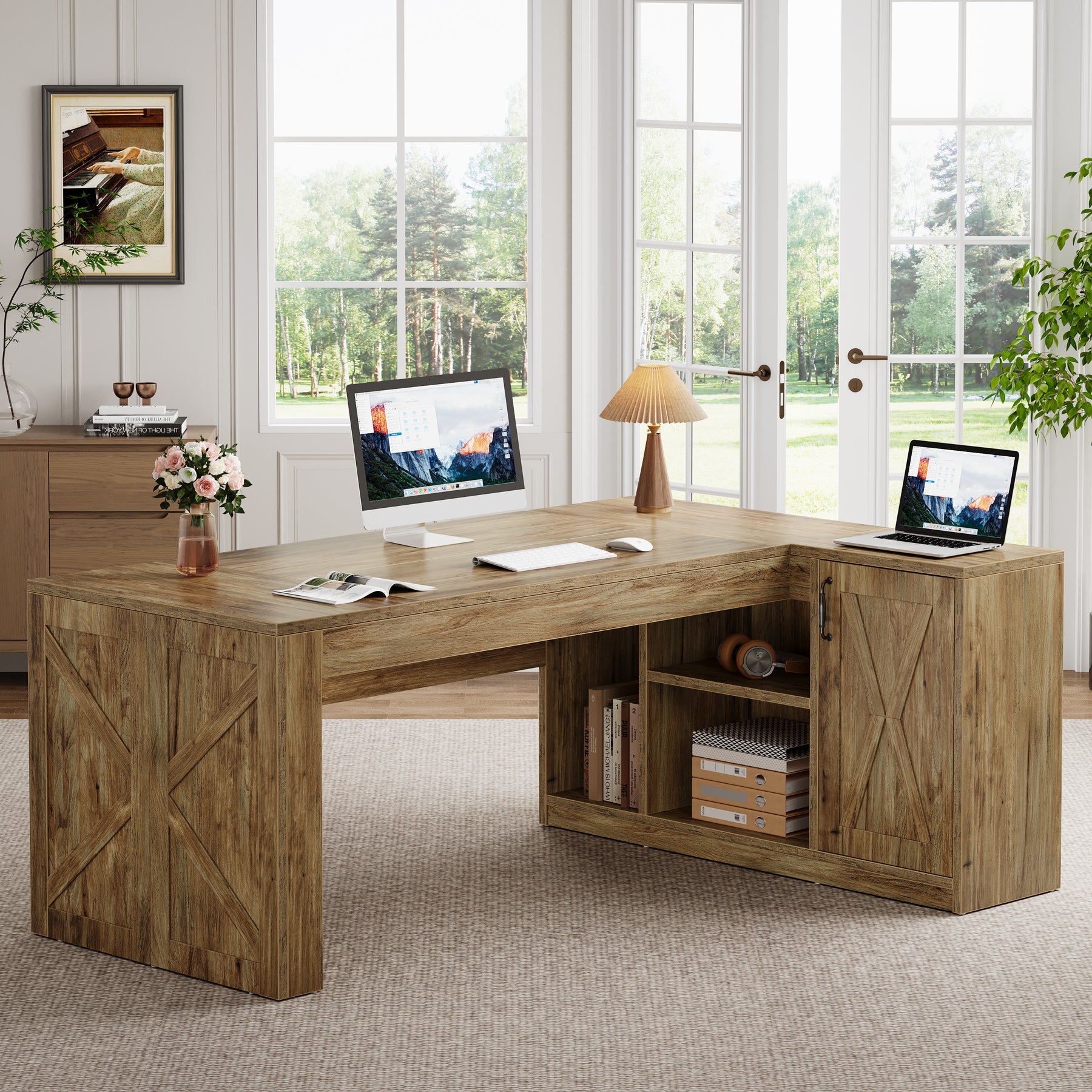 70.8" Executive Desk, L - Shaped Computer Table with Storage Cabinet Tribesigns
