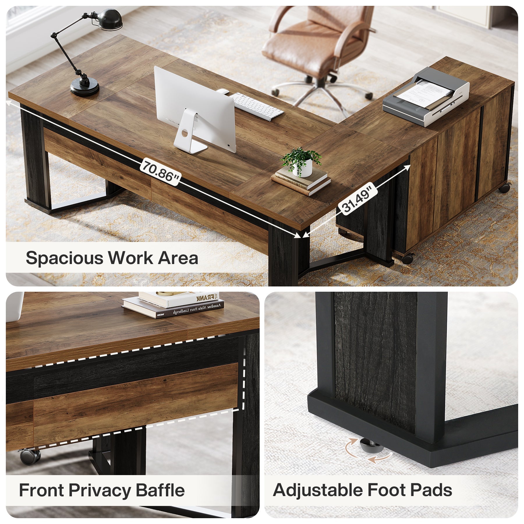 70.8" Executive Desk, L - Shaped Home Office Desk with File Cabinet Tribesigns