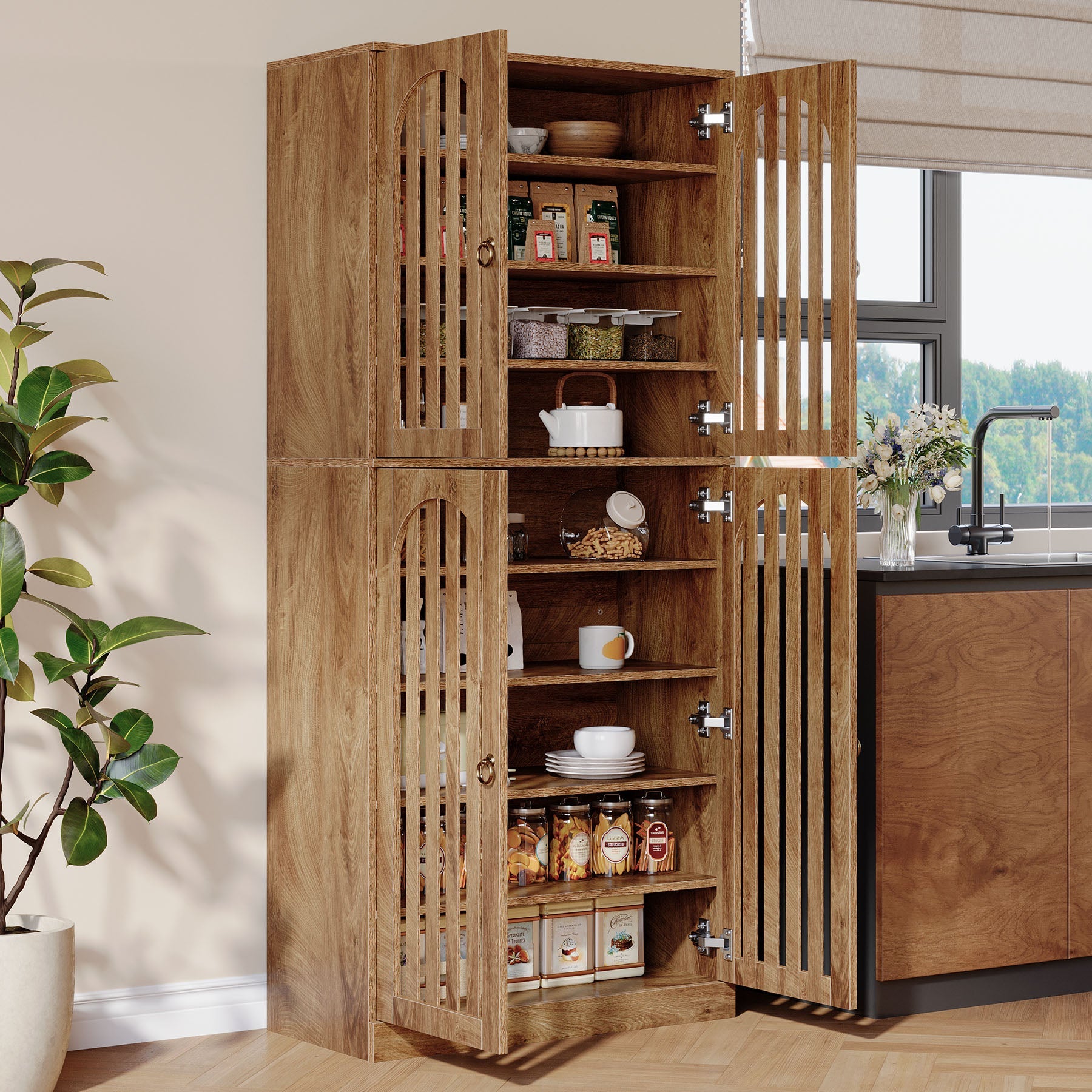 70.8" Kitchen Pantry, Wooden Cupboard Storage Cabinet with 4 Slatted Doors Tribesigns