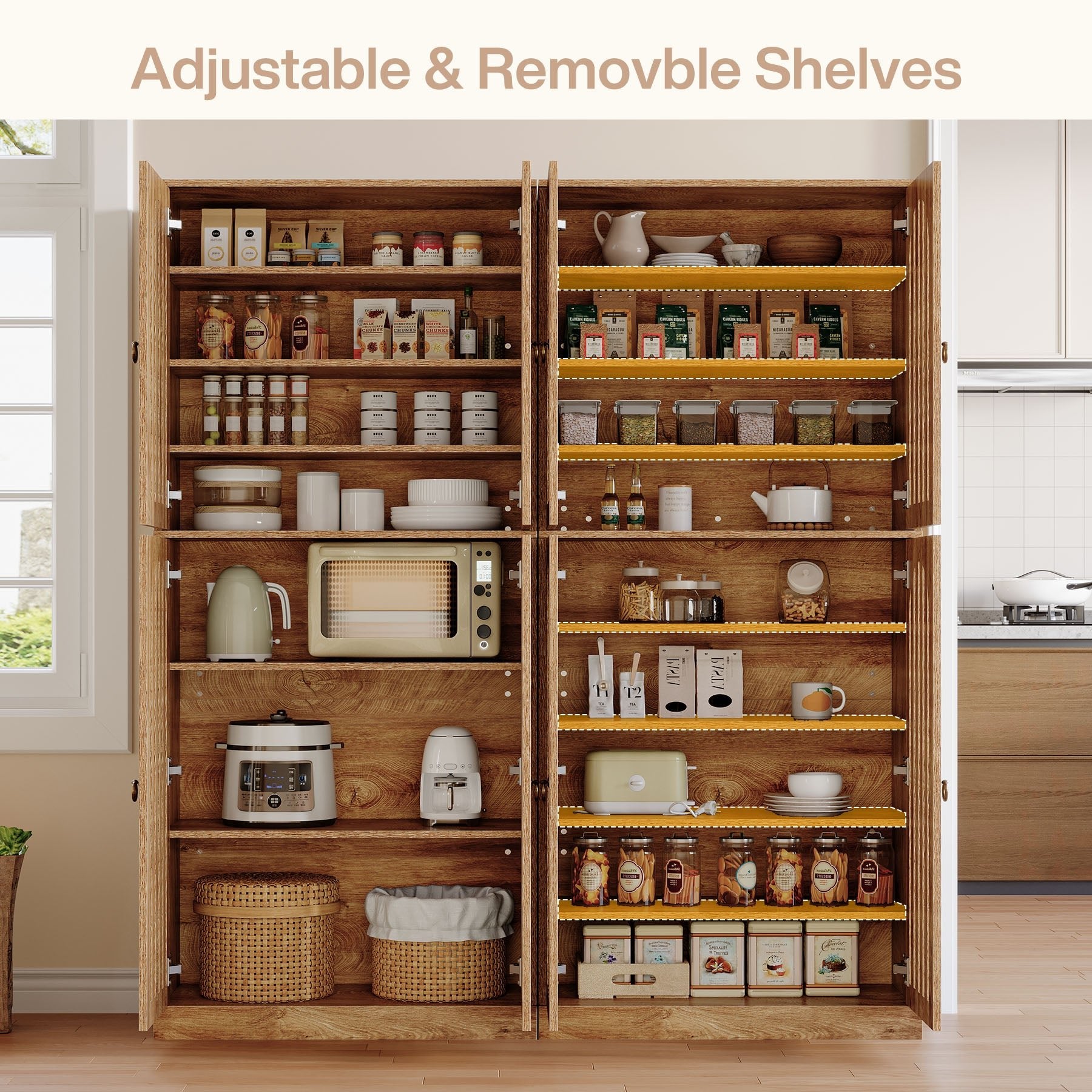 70.8" Kitchen Pantry, Wooden Cupboard Storage Cabinet with 4 Slatted Doors Tribesigns