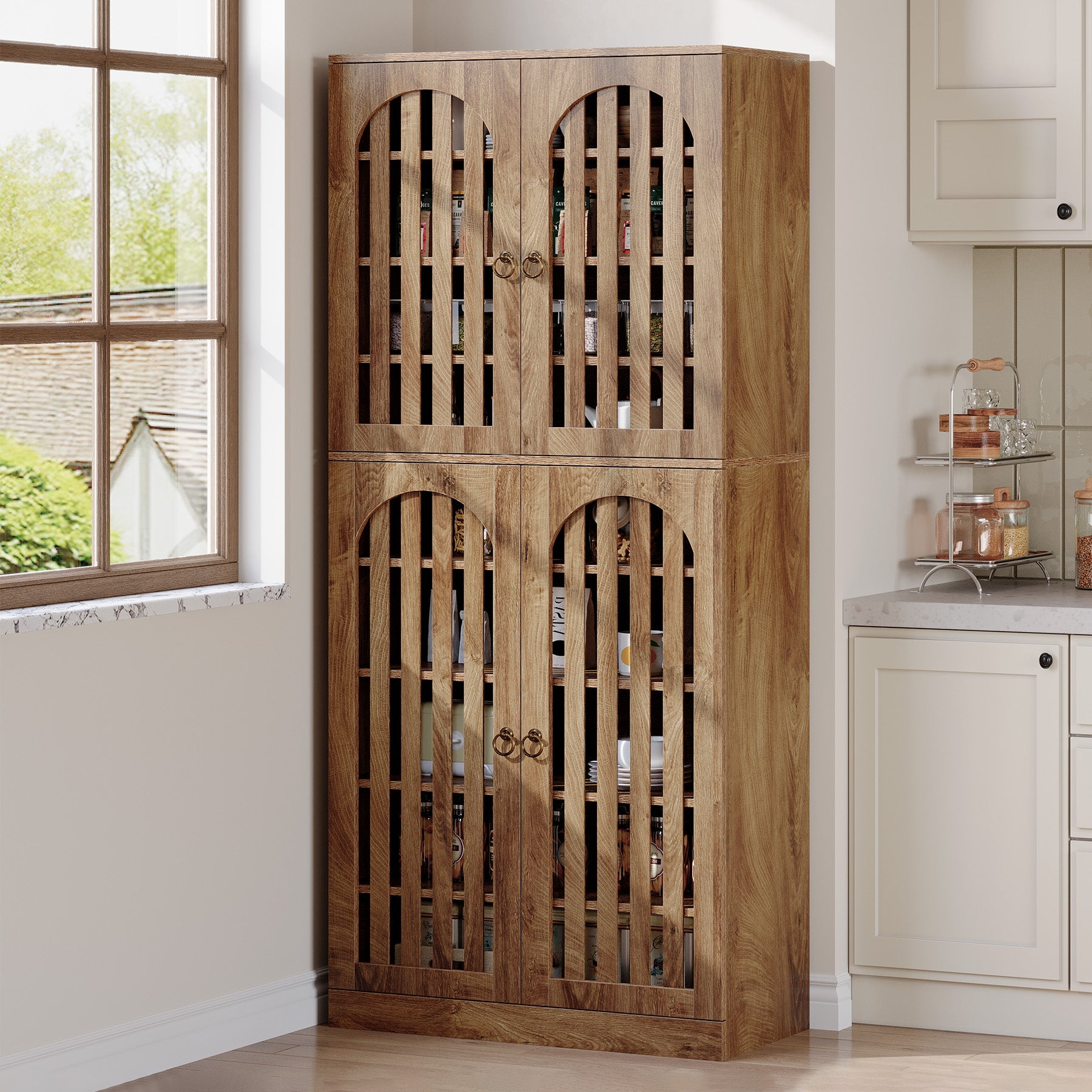 70.8" Kitchen Pantry, Wooden Cupboard Storage Cabinet with 4 Slatted Doors Tribesigns