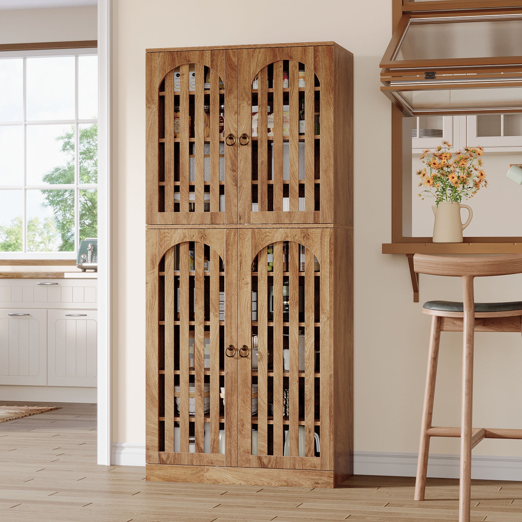 70.8" Kitchen Pantry, Wooden Cupboard Storage Cabinet with 4 Slatted Doors Tribesigns