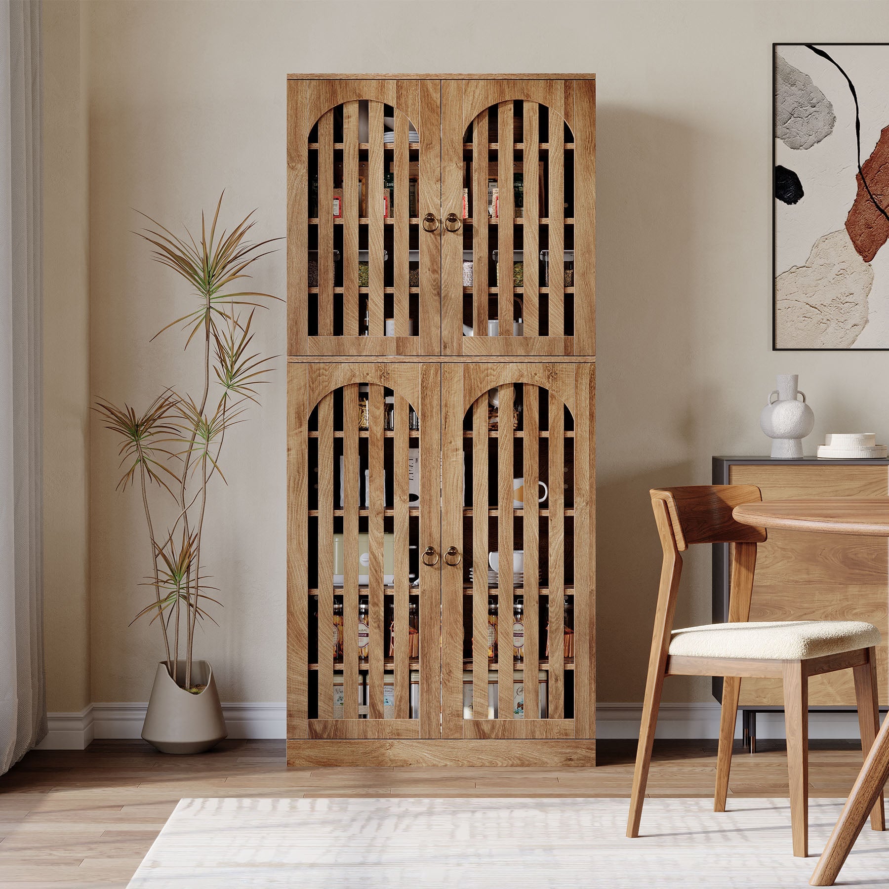 70.8" Kitchen Pantry, Wooden Cupboard Storage Cabinet with 4 Slatted Doors Tribesigns