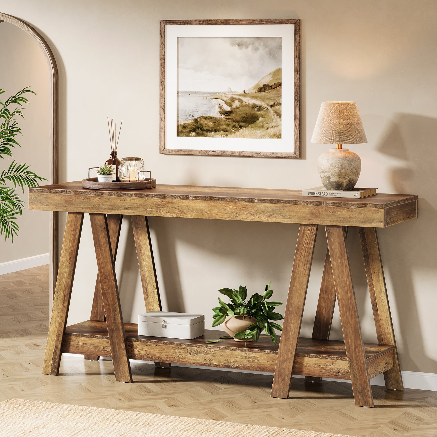 70.87" Console Table, 2 - Tier Farmhouse Entryway Table Behind Sofa Tribesigns