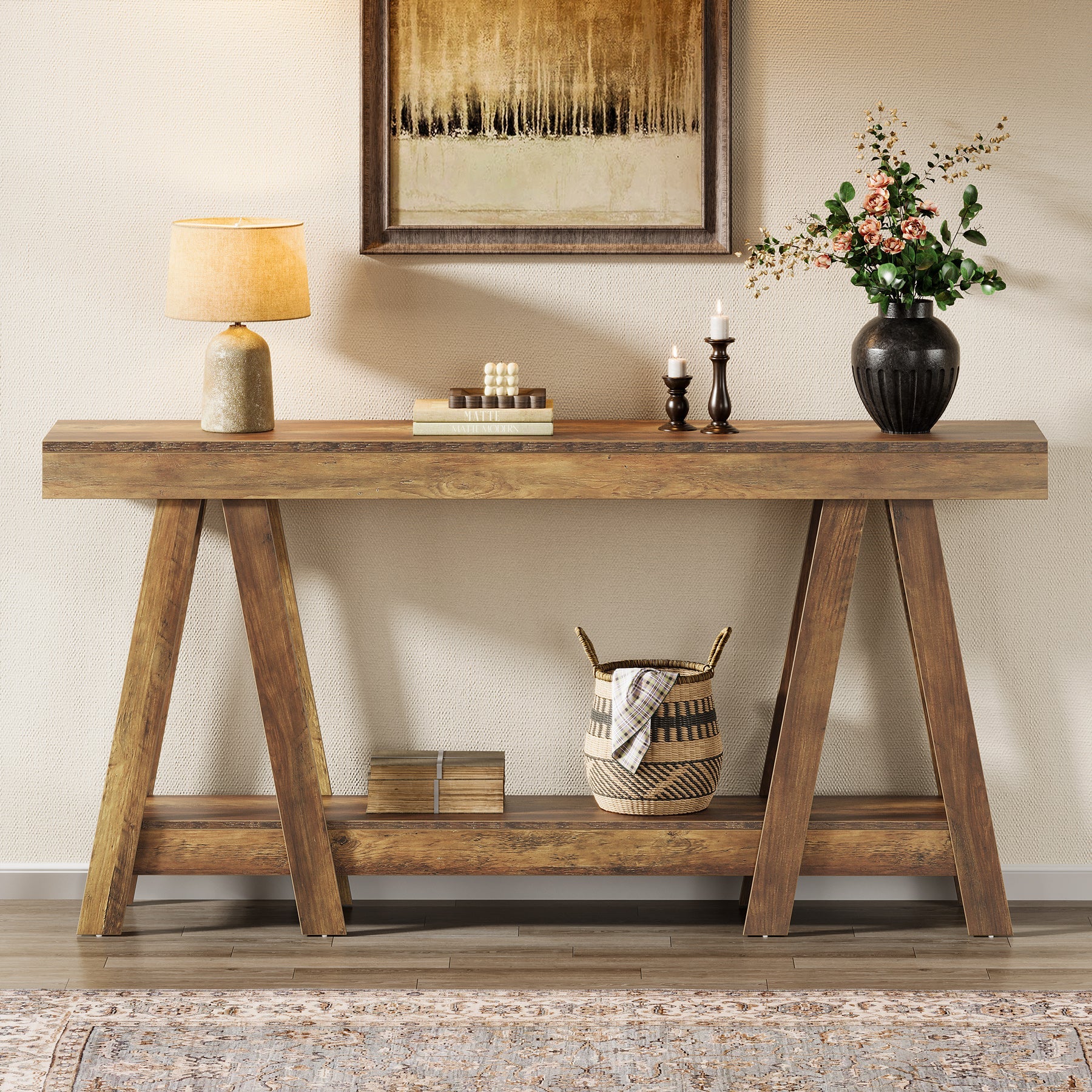 70.87" Console Table, 2 - Tier Farmhouse Entryway Table Behind Sofa Tribesigns