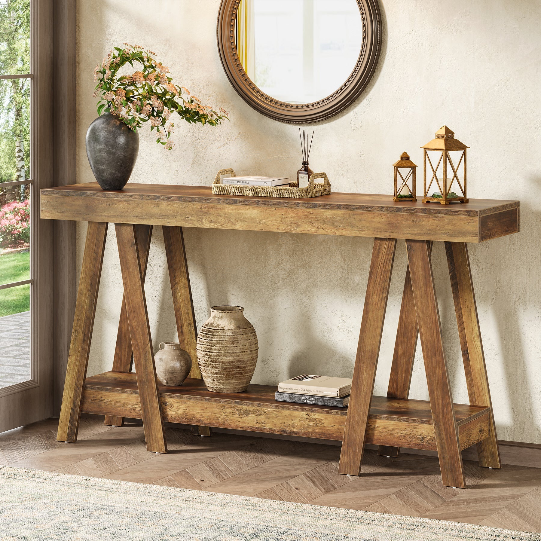 70.87" Console Table, 2 - Tier Farmhouse Entryway Table Behind Sofa Tribesigns