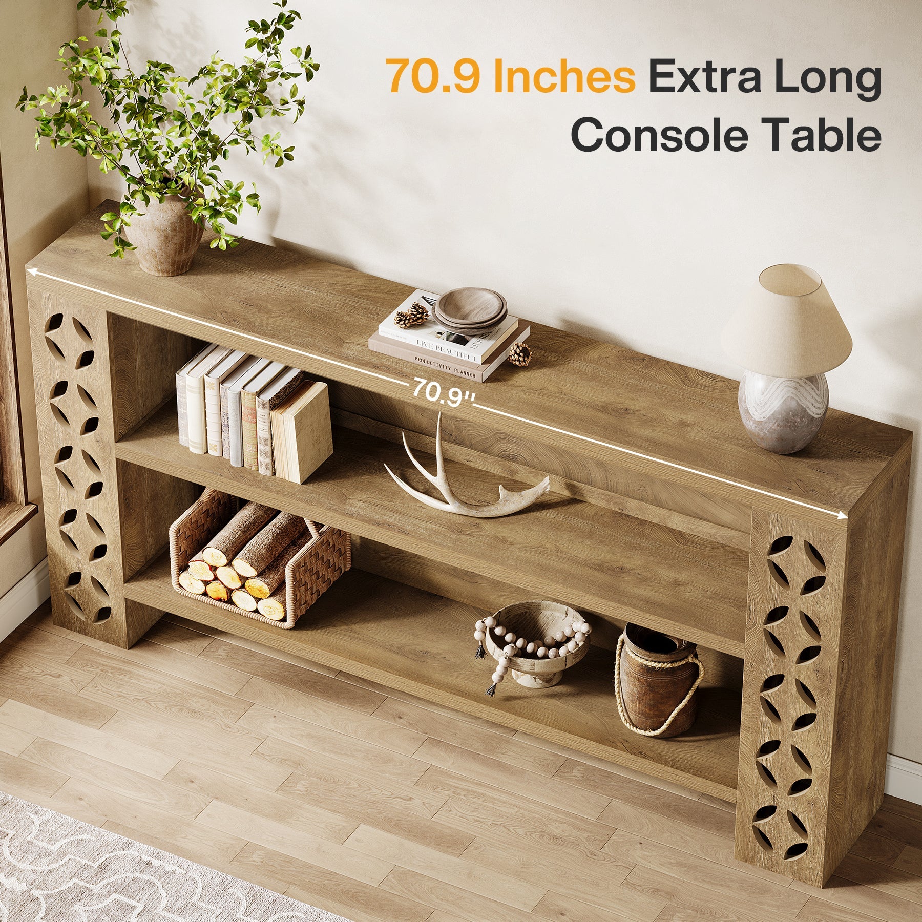 70.9" Console Table, 3 - Tier Narrow Entryway Sofa Table Behind Couch Tribesigns