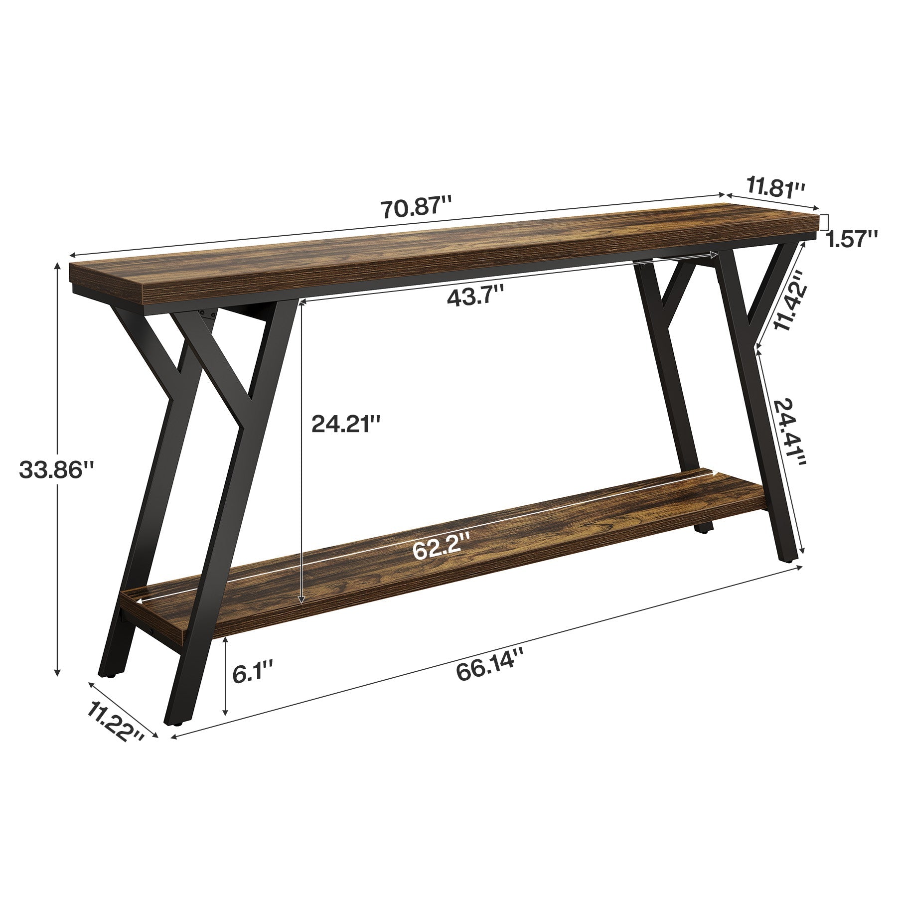 70.9" Console Table, Industrial Sofa Table Behind Couch with 2 - Tier Storage Shelf Tribesigns