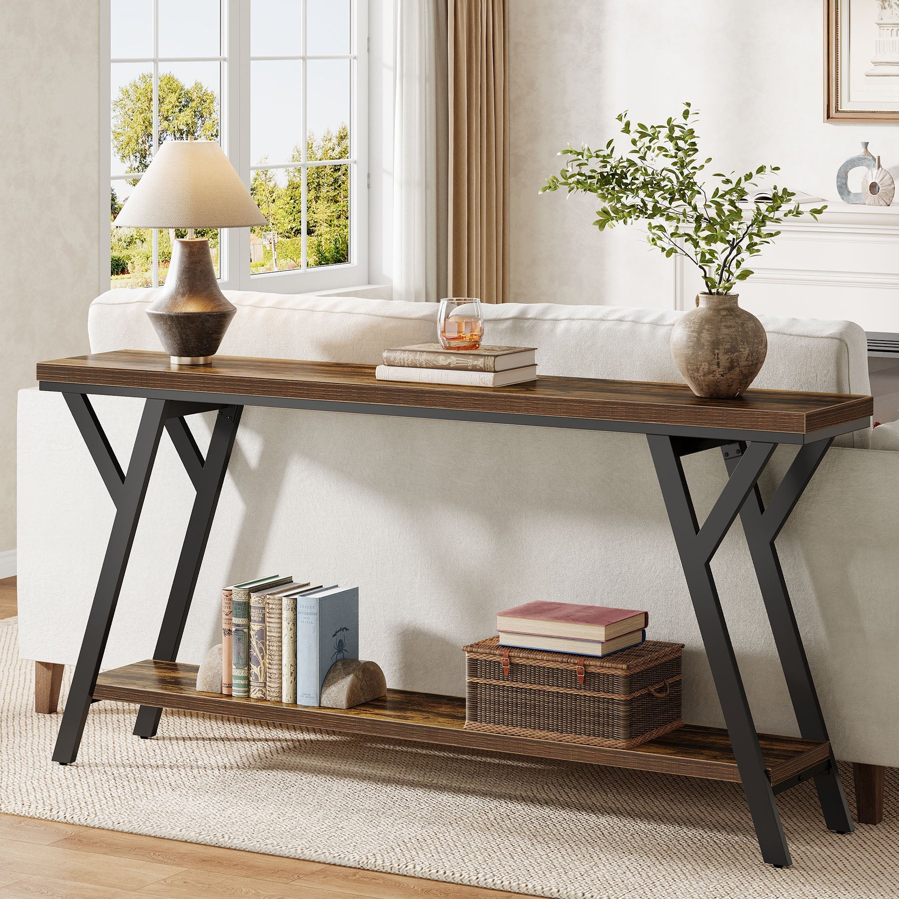 70.9" Console Table, Industrial Sofa Table Behind Couch with 2 - Tier Storage Shelf Tribesigns