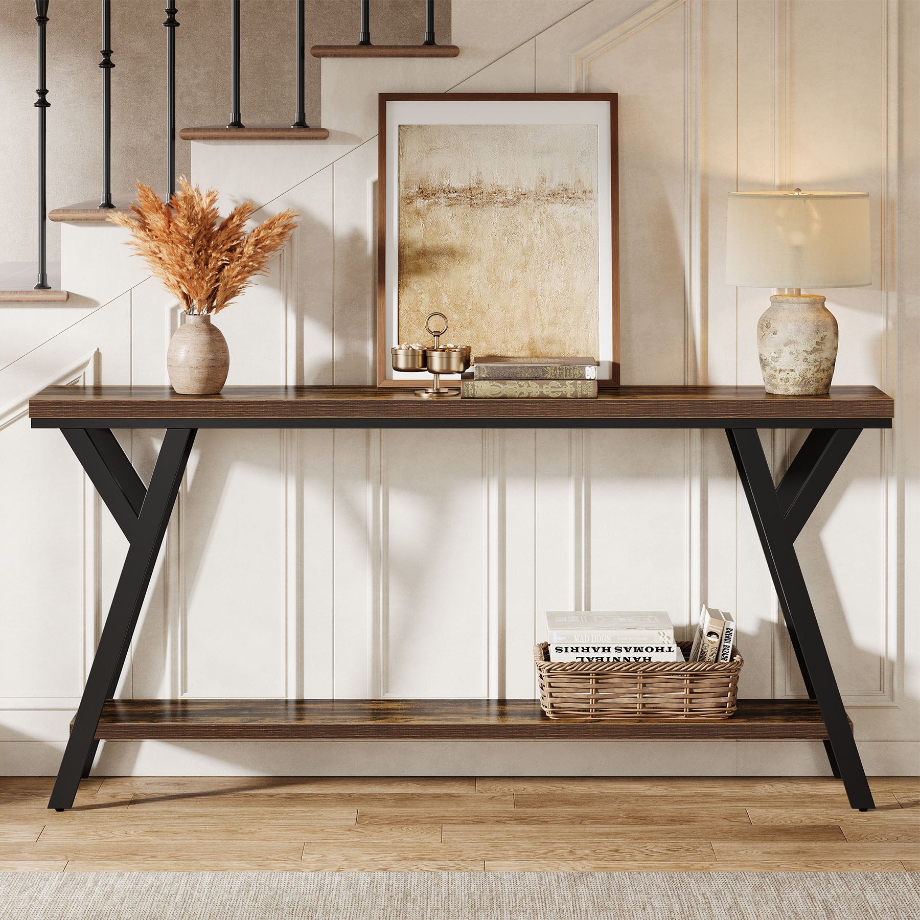 70.9" Console Table, Industrial Sofa Table Behind Couch with 2 - Tier Storage Shelf Tribesigns