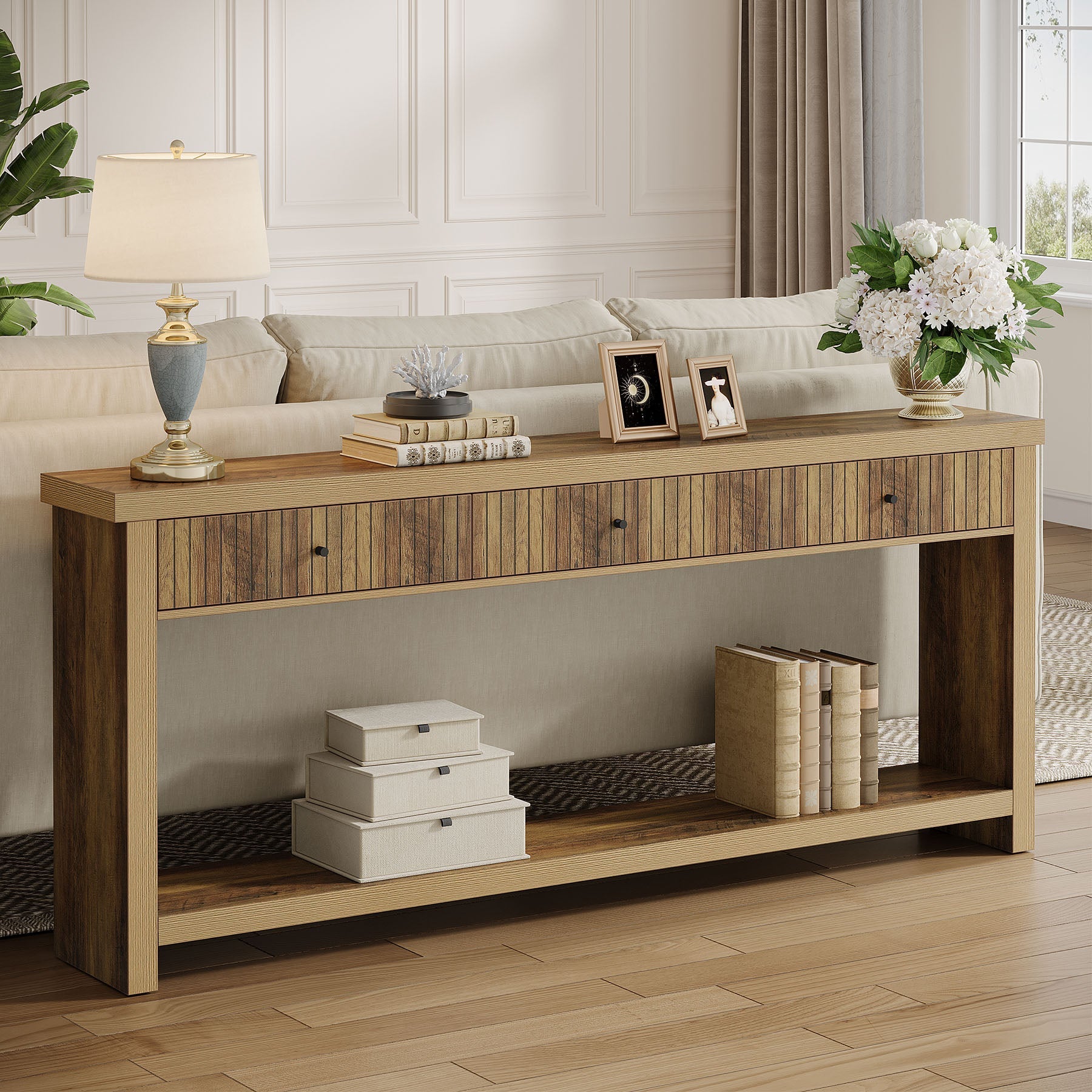 70.9" Console Table, Long Wood Sofa Table with 3 Drawers Tribesigns