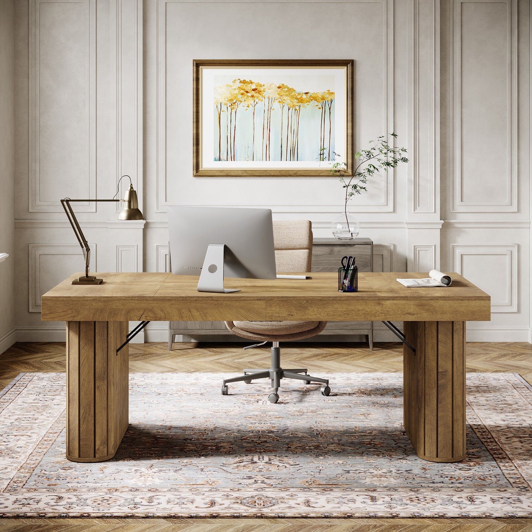 70.9" Executive Desk, Home Office Computer Desk with Wooden Pedestal Tribesigns