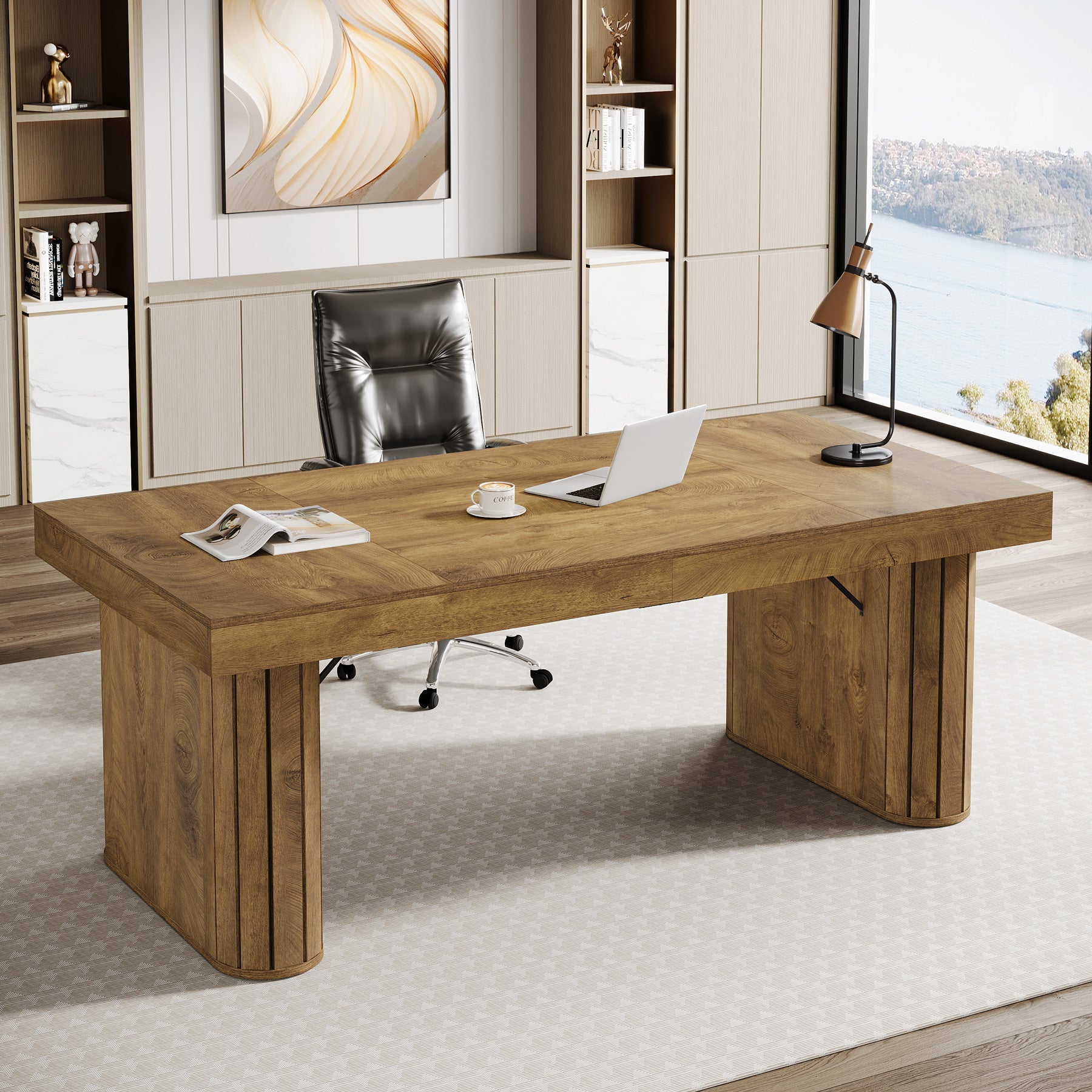 70.9" Executive Desk, Home Office Computer Desk with Wooden Pedestal Tribesigns