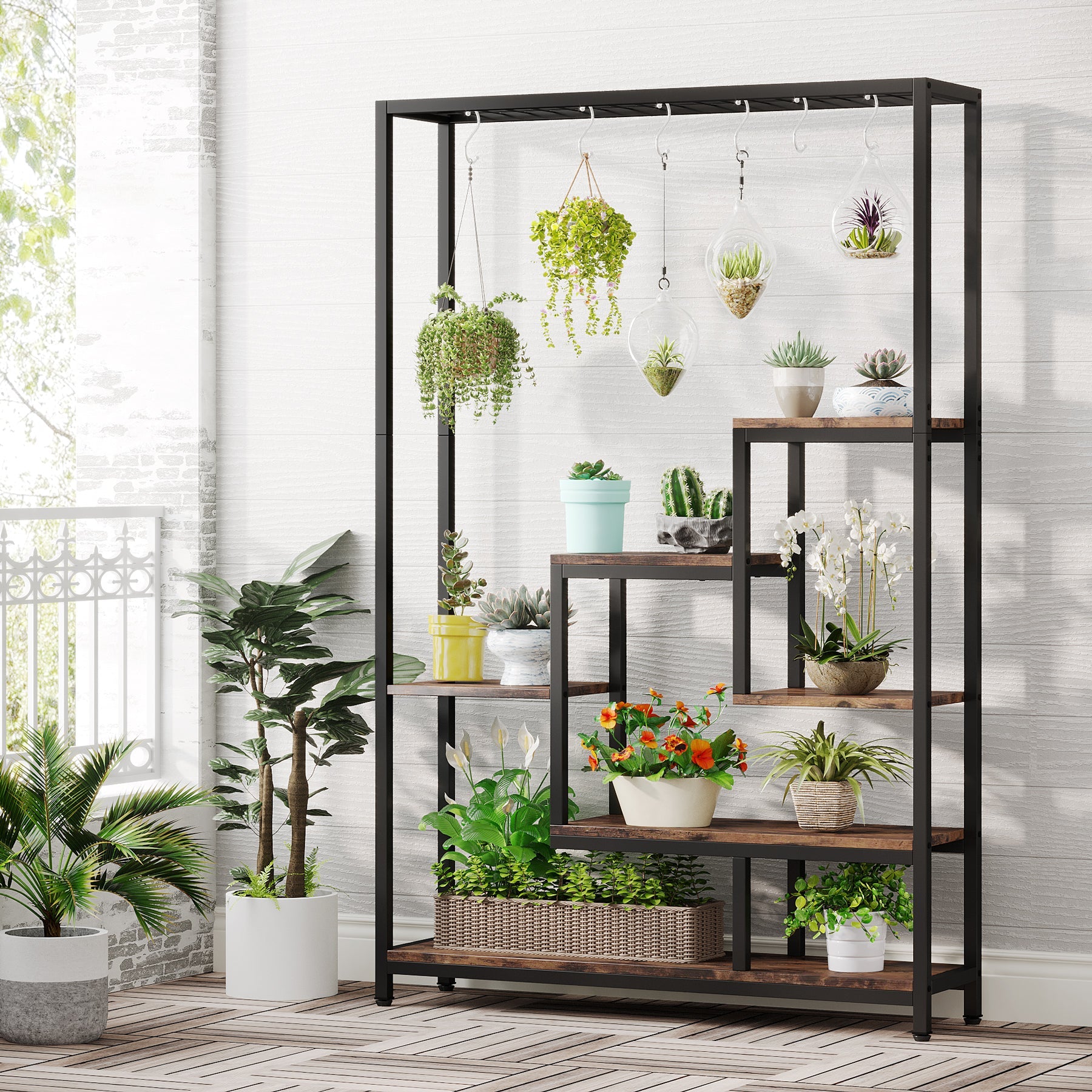 hanging plant stands indoor 70.9" Plant Stand, Large Flower Bonsai Shelf with 6 S Hanging Hooks, Rustic Brown